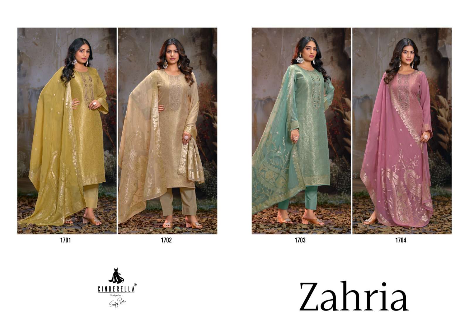 zahria by cindrella 1701-1704 series fancy pure organza suit catalogue wholesale price surat gujarat