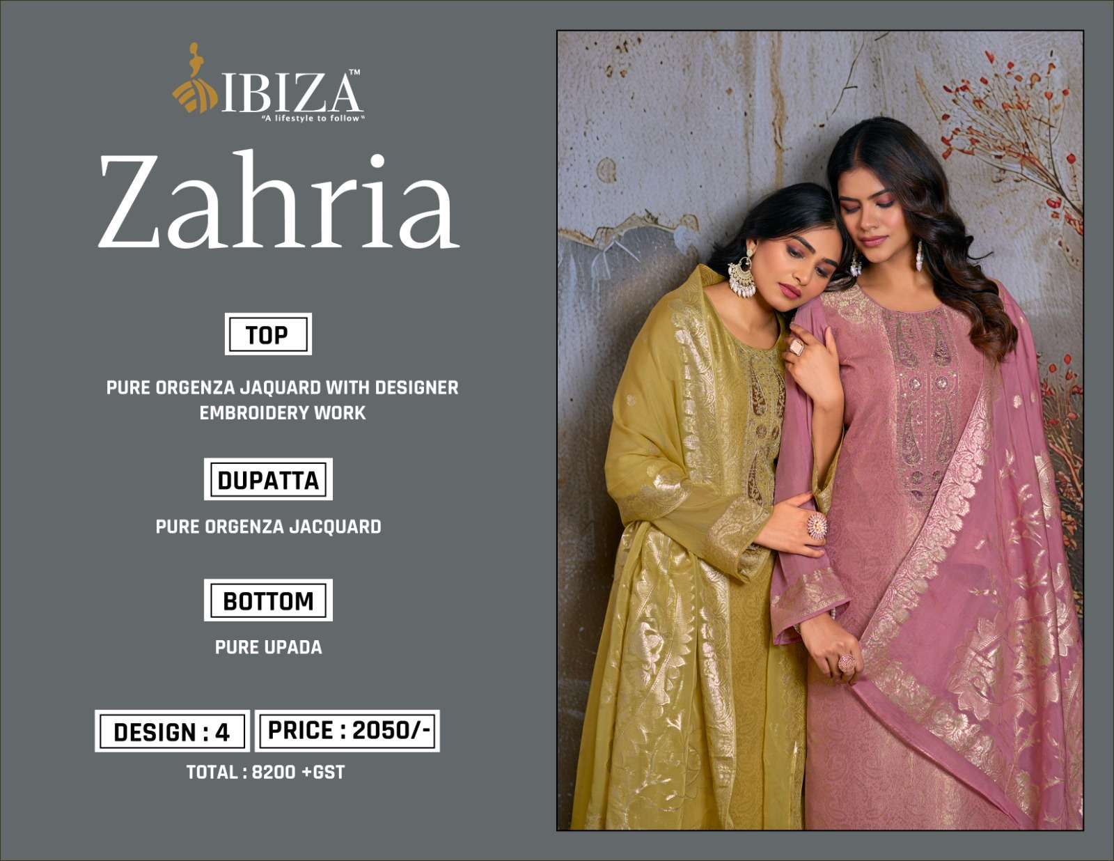 zahria by cindrella 1701-1704 series fancy pure organza suit catalogue wholesale price surat gujarat