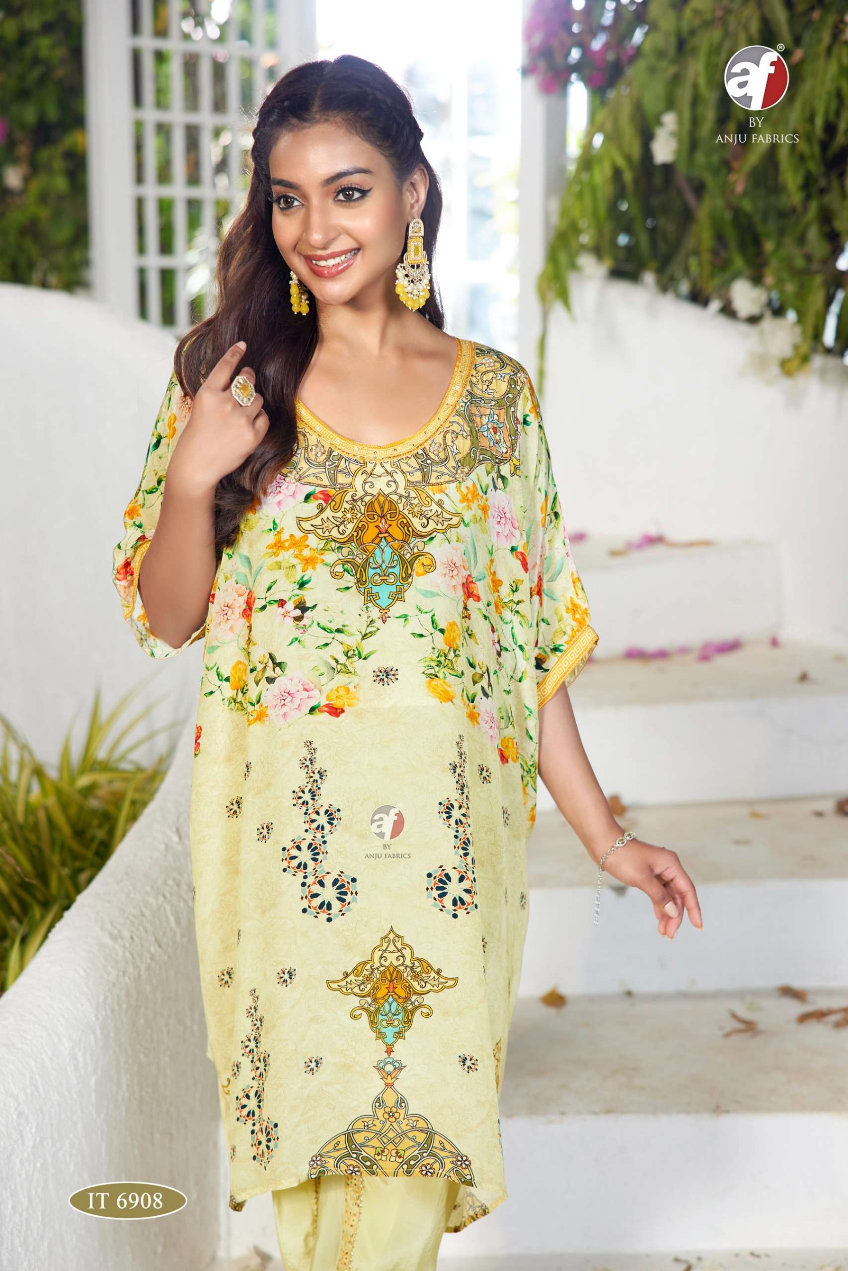 anju fabric 6908 designer pure natural crepe designer ready to wear kurti pant size set catalogue dealer 