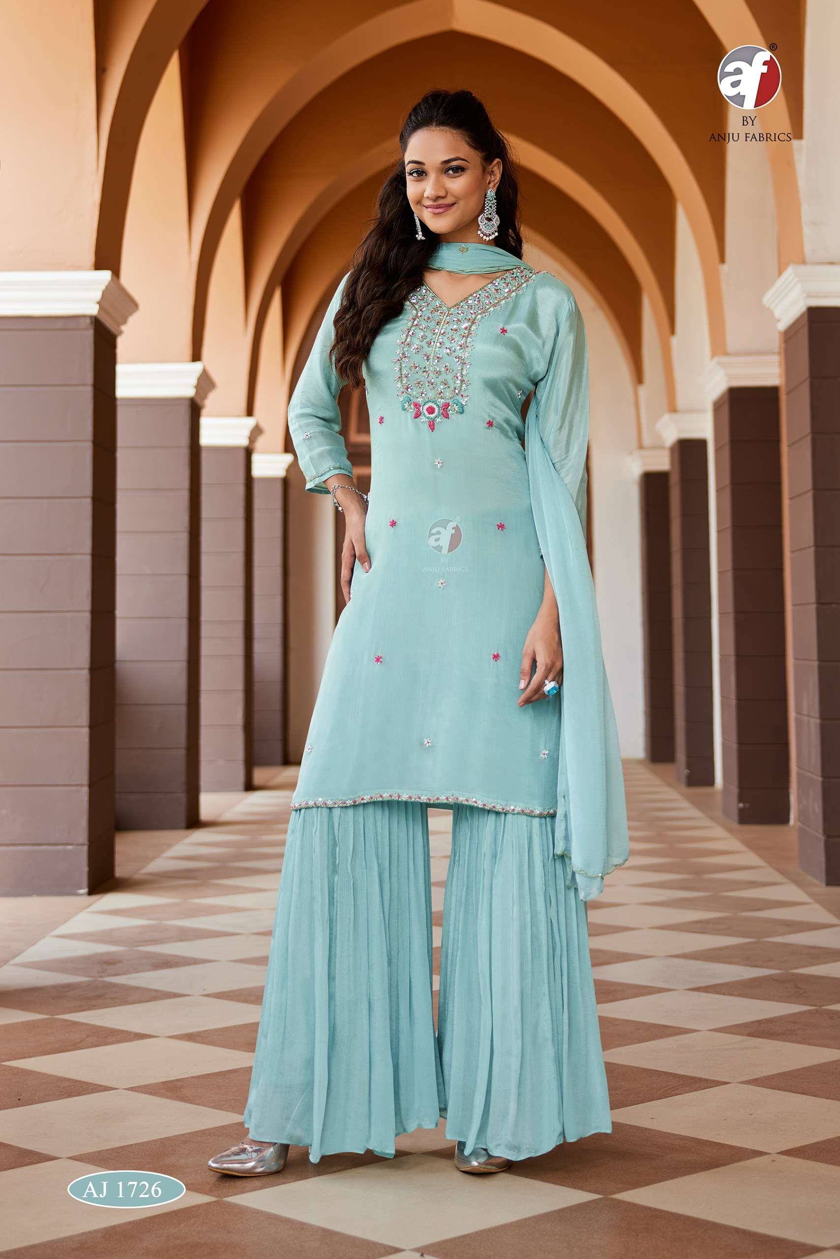 anju fabrics 1726 designer party wear ready to wear sharara suits buy online size set catalogue dealer surat