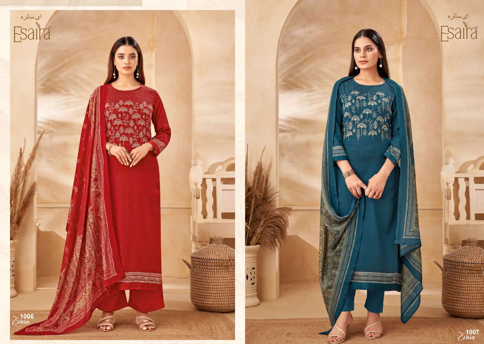 esaira evara 1001-1008 series designer cotton satin salwar kameez catalogue online purchasing surat gujarat 