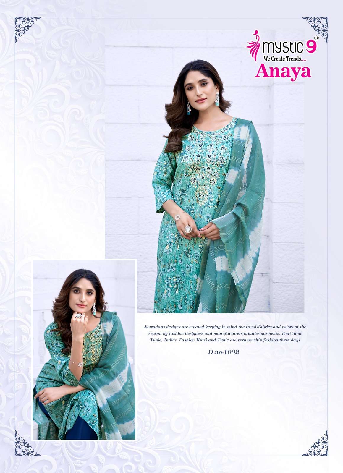mystic anaya vol-1 1001-1008 series rayon lucknowi style designer kurtis catalogue wholesale price surat gujarat 