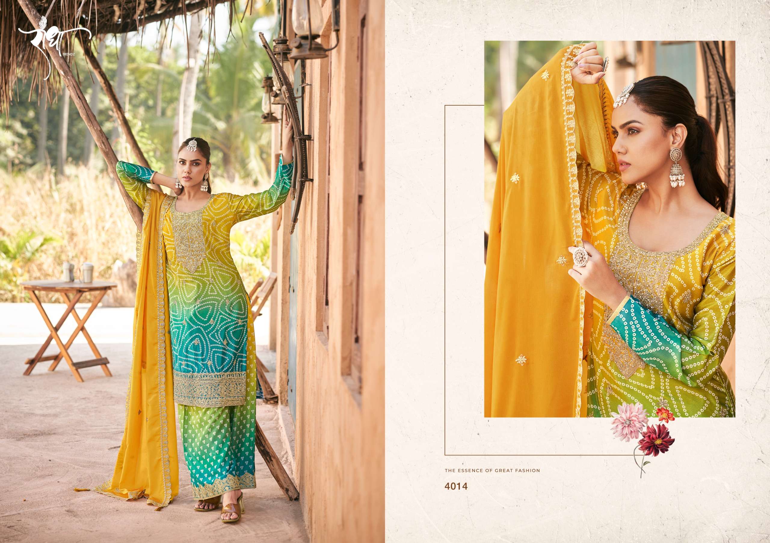 radha trendz rangeen 4011-4014 series digital print with embroidery work material catalogue surat gujarat 