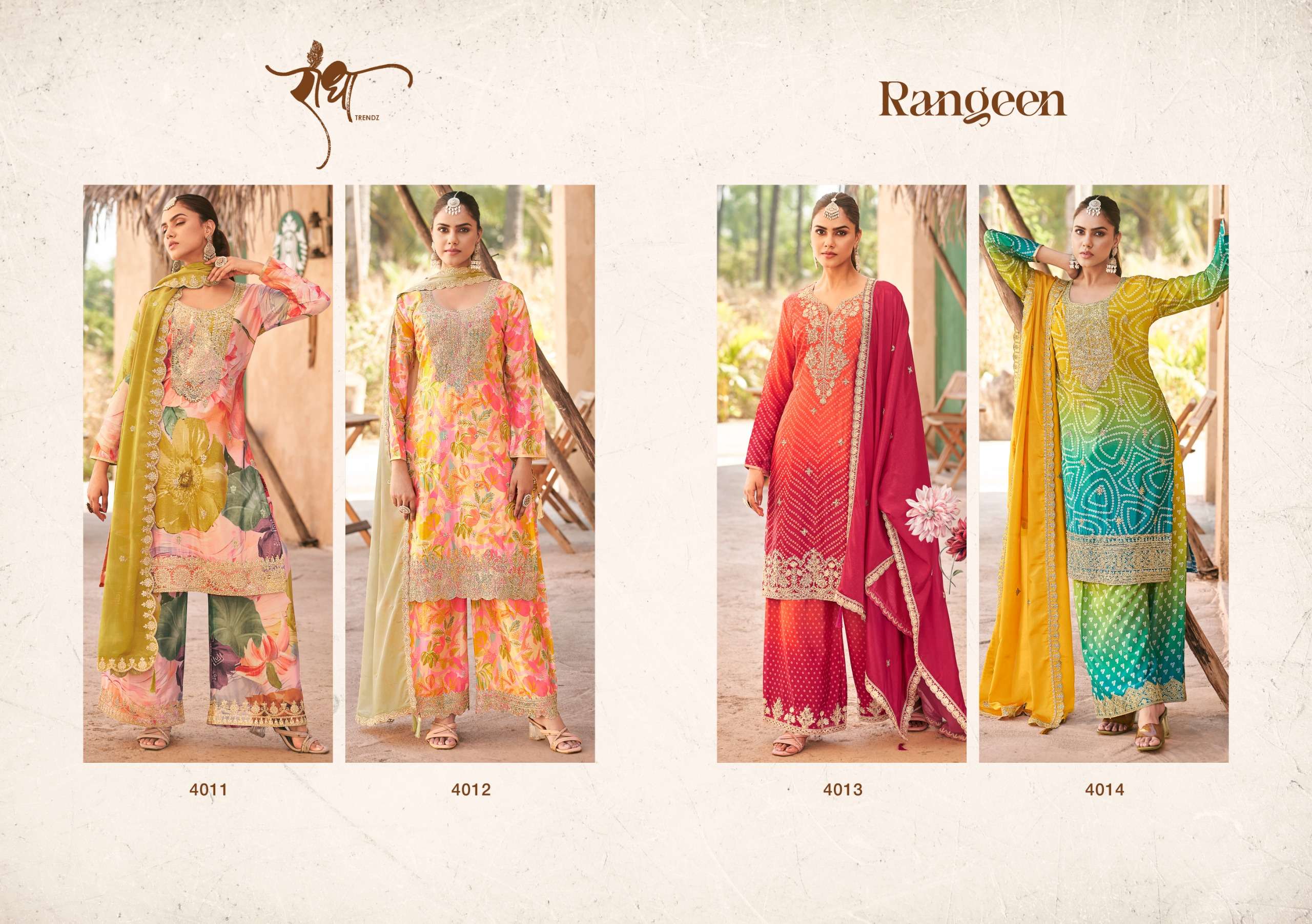 radha trendz rangeen 4011-4014 series digital print with embroidery work material catalogue surat gujarat 
