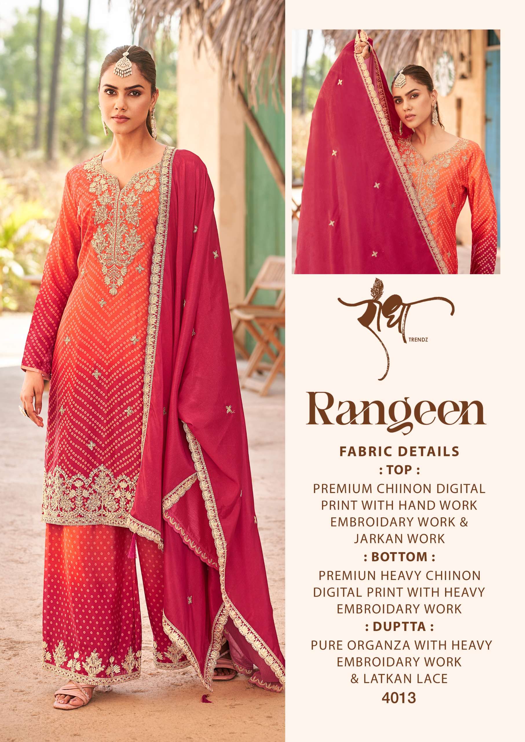 radha trendz rangeen 4011-4014 series digital print with embroidery work material catalogue surat gujarat 