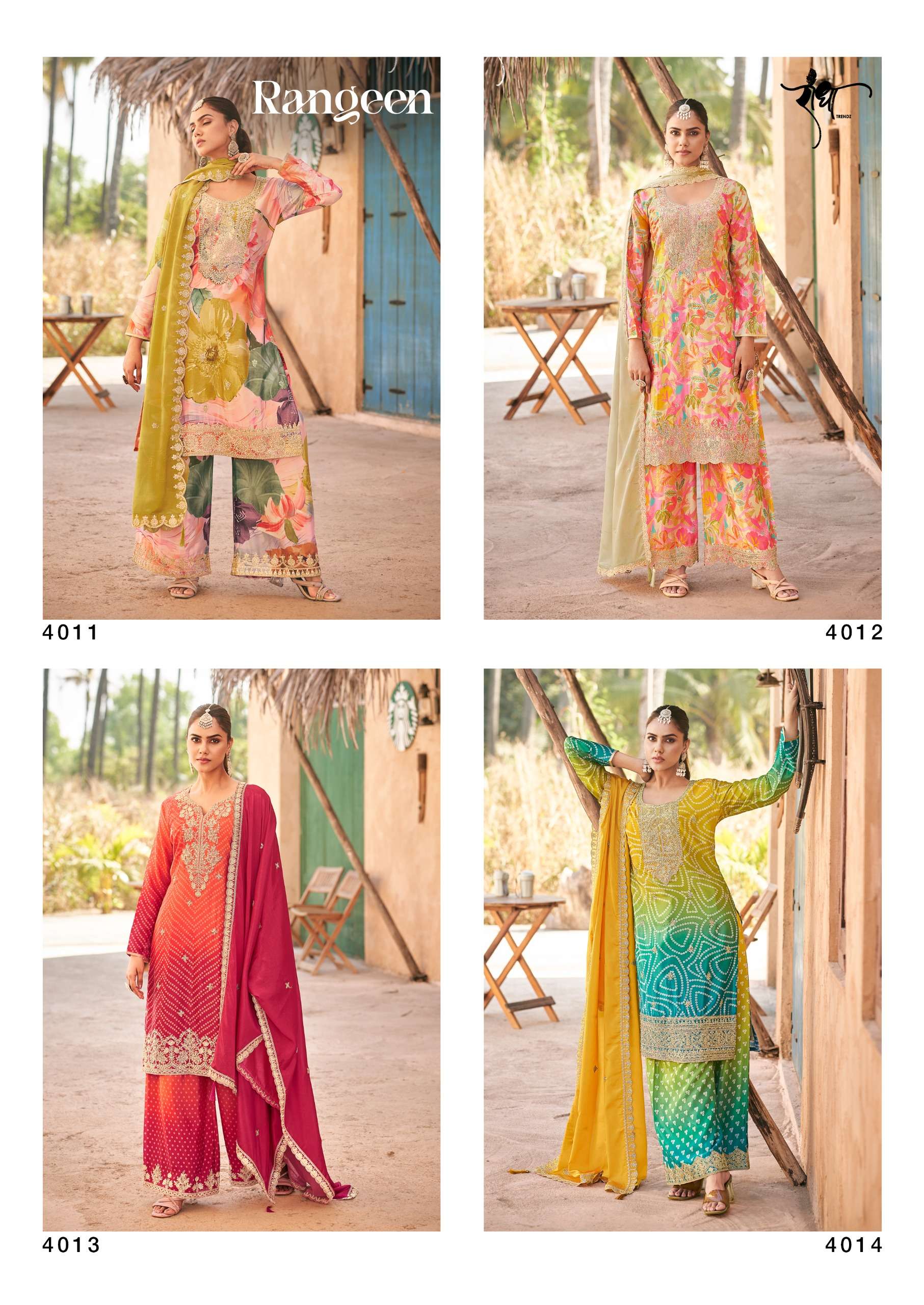 radha trendz rangeen 4011-4014 series digital print with embroidery work material catalogue surat gujarat 