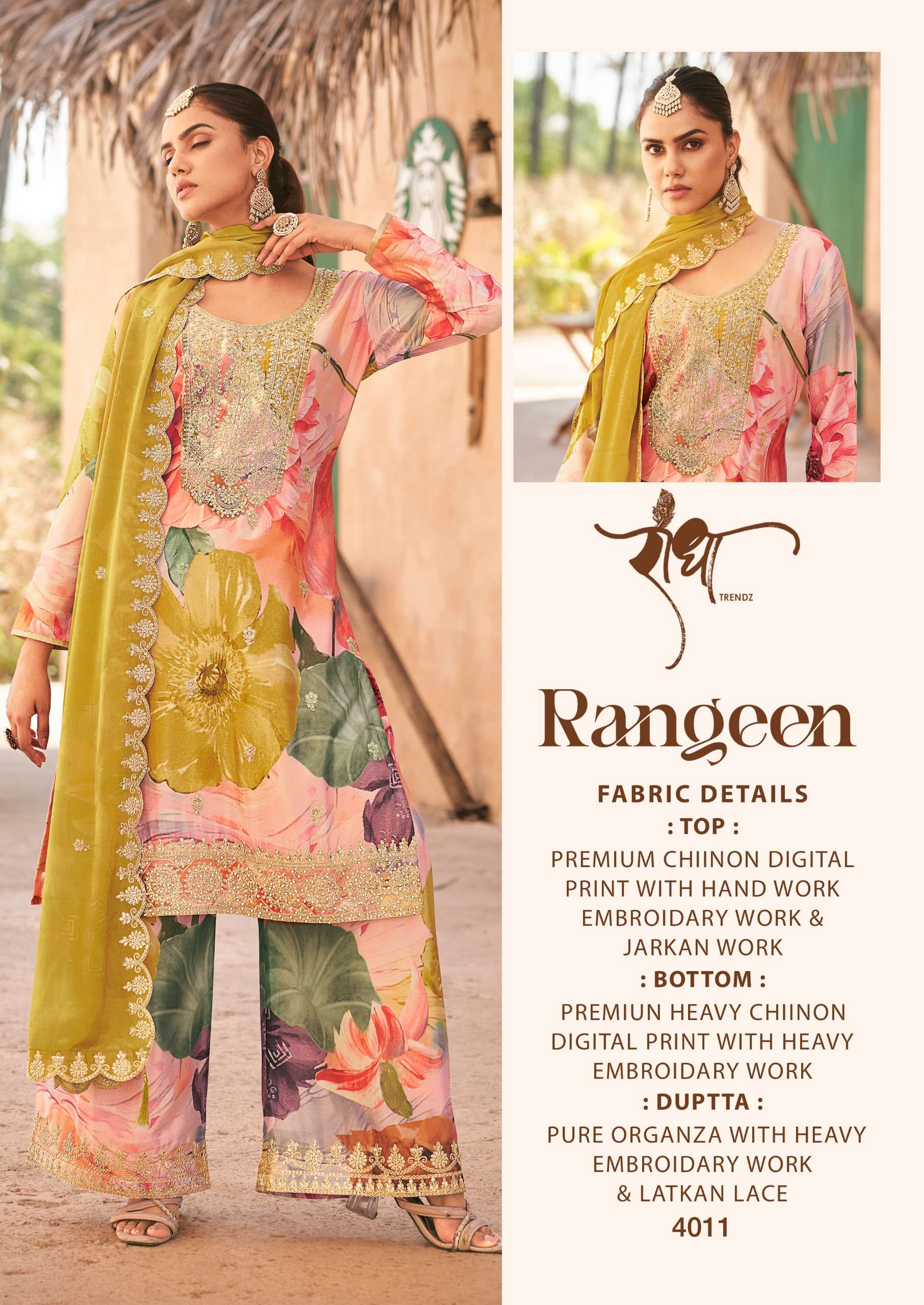 radha trendz rangeen 4011-4014 series digital print with embroidery work material catalogue surat gujarat 
