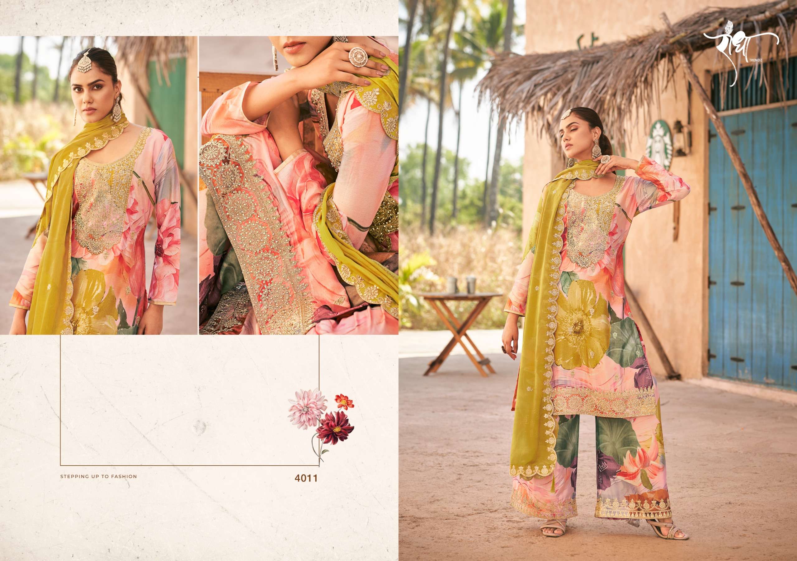radha trendz rangeen 4011-4014 series digital print with embroidery work material catalogue surat gujarat 