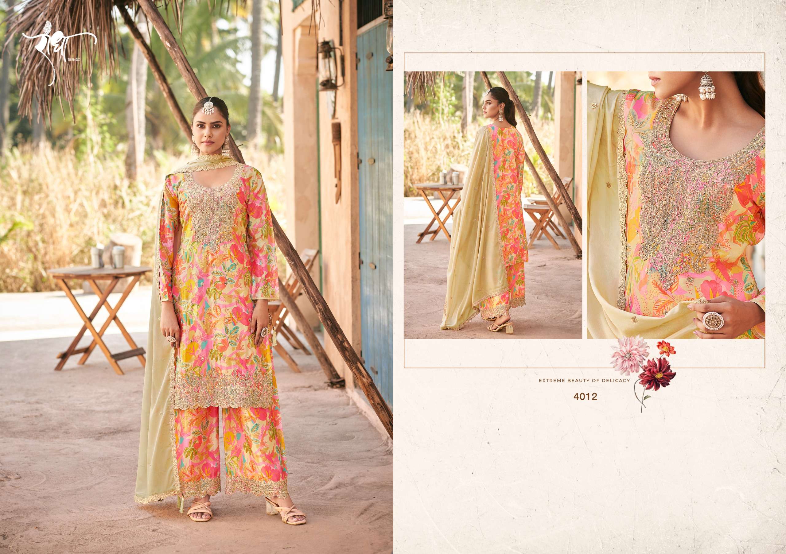 radha trendz rangeen 4011-4014 series digital print with embroidery work material catalogue surat gujarat 