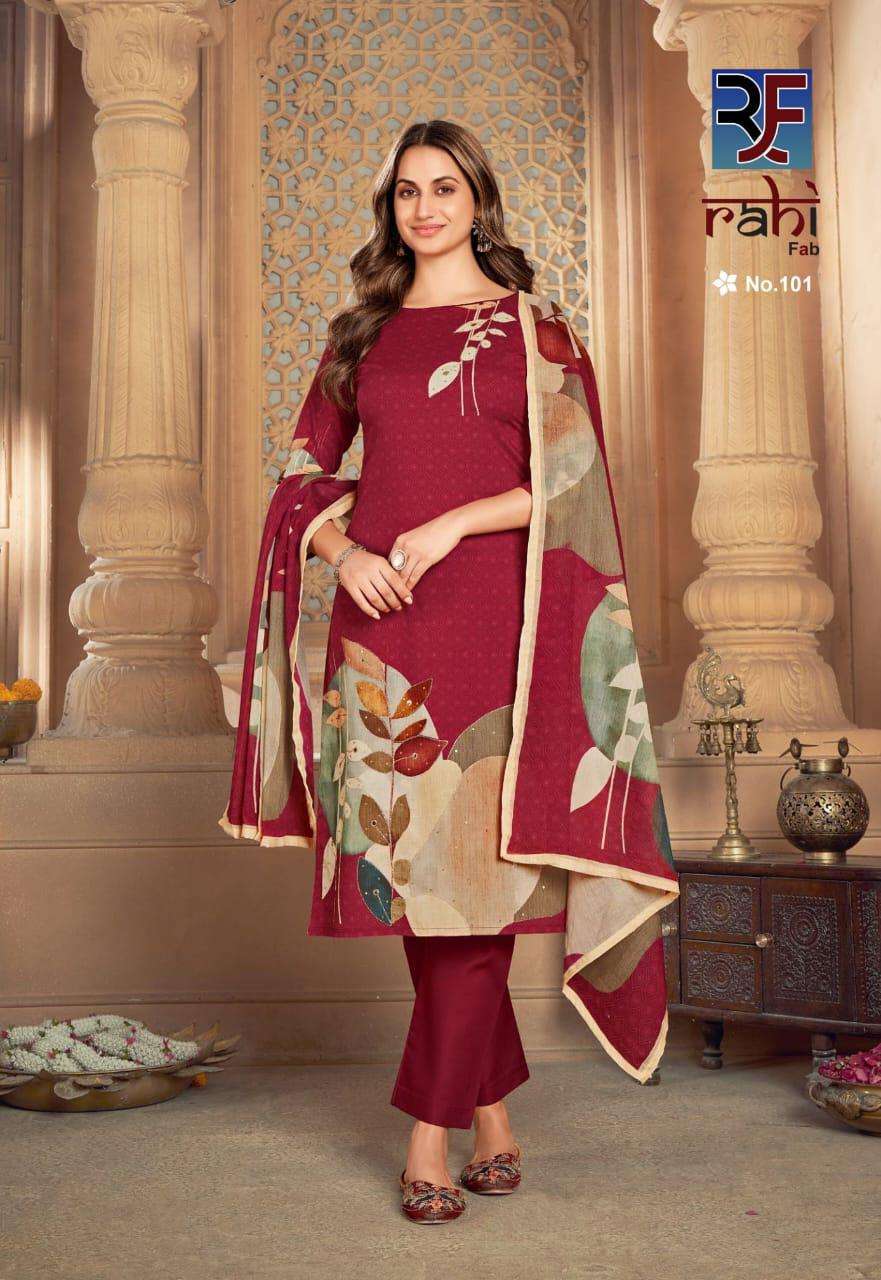 rahi fab rose gold 101-108 digital print designer salwar kameez catalogue shopping surat gujarat 