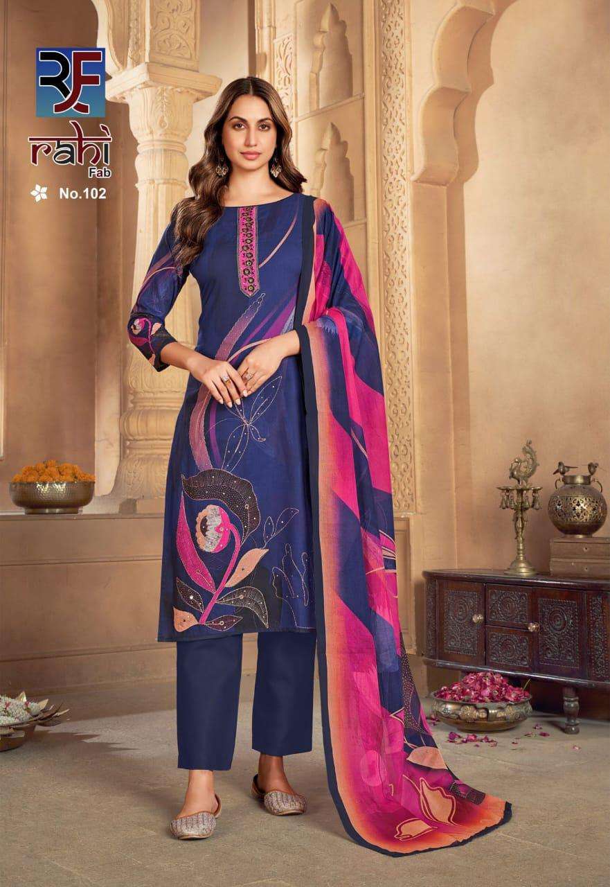 rahi fab rose gold 101-108 digital print designer salwar kameez catalogue shopping surat gujarat 