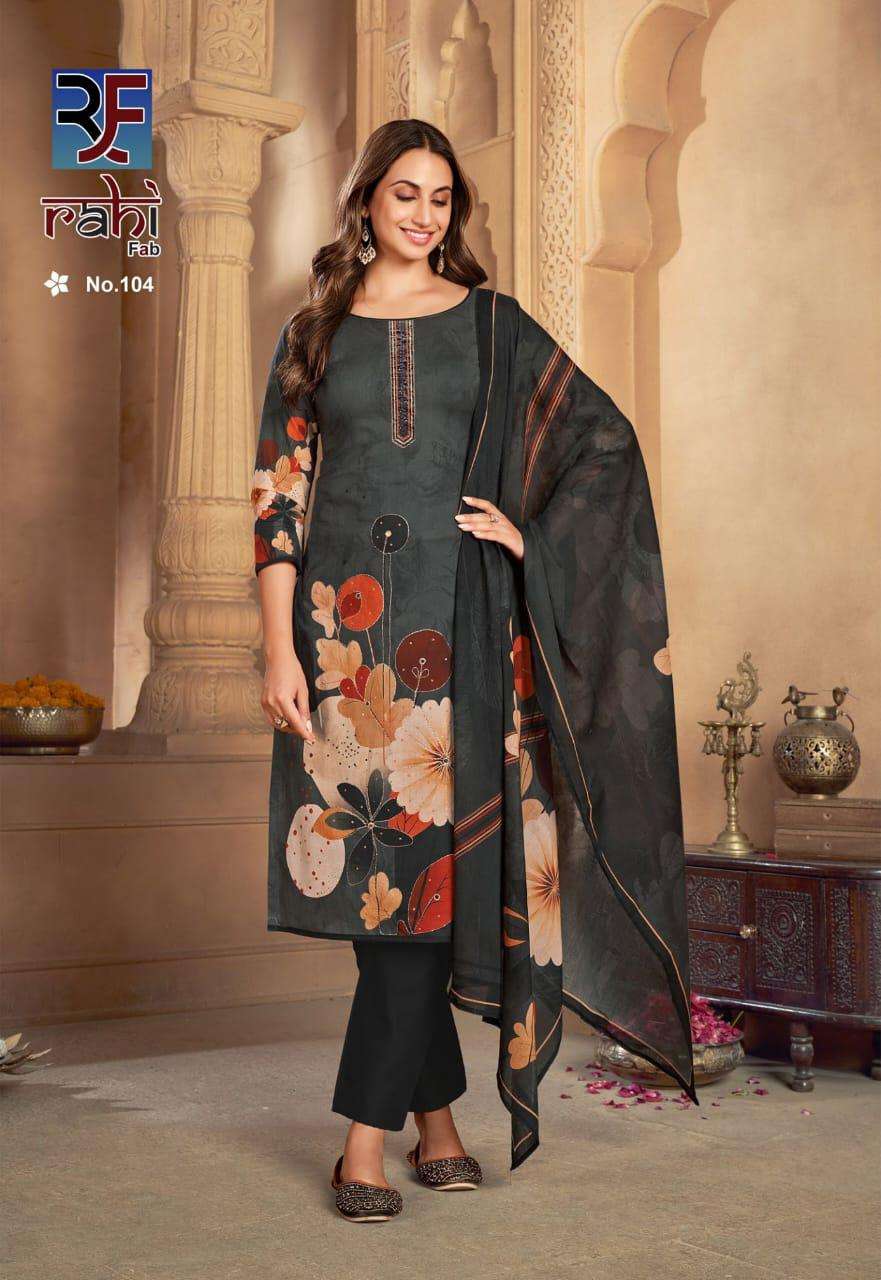 rahi fab rose gold 101-108 digital print designer salwar kameez catalogue shopping surat gujarat 