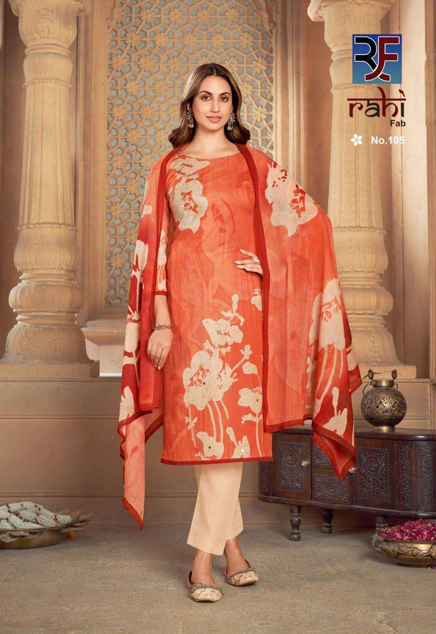 rahi fab rose gold 101-108 digital print designer salwar kameez catalogue shopping surat gujarat 