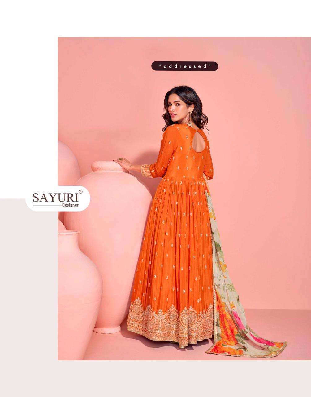 sayuri designer mayuri 5792-5794 series exclusive party wear chinon embroidered free size gown 3 pcs set to set catalogue surat
