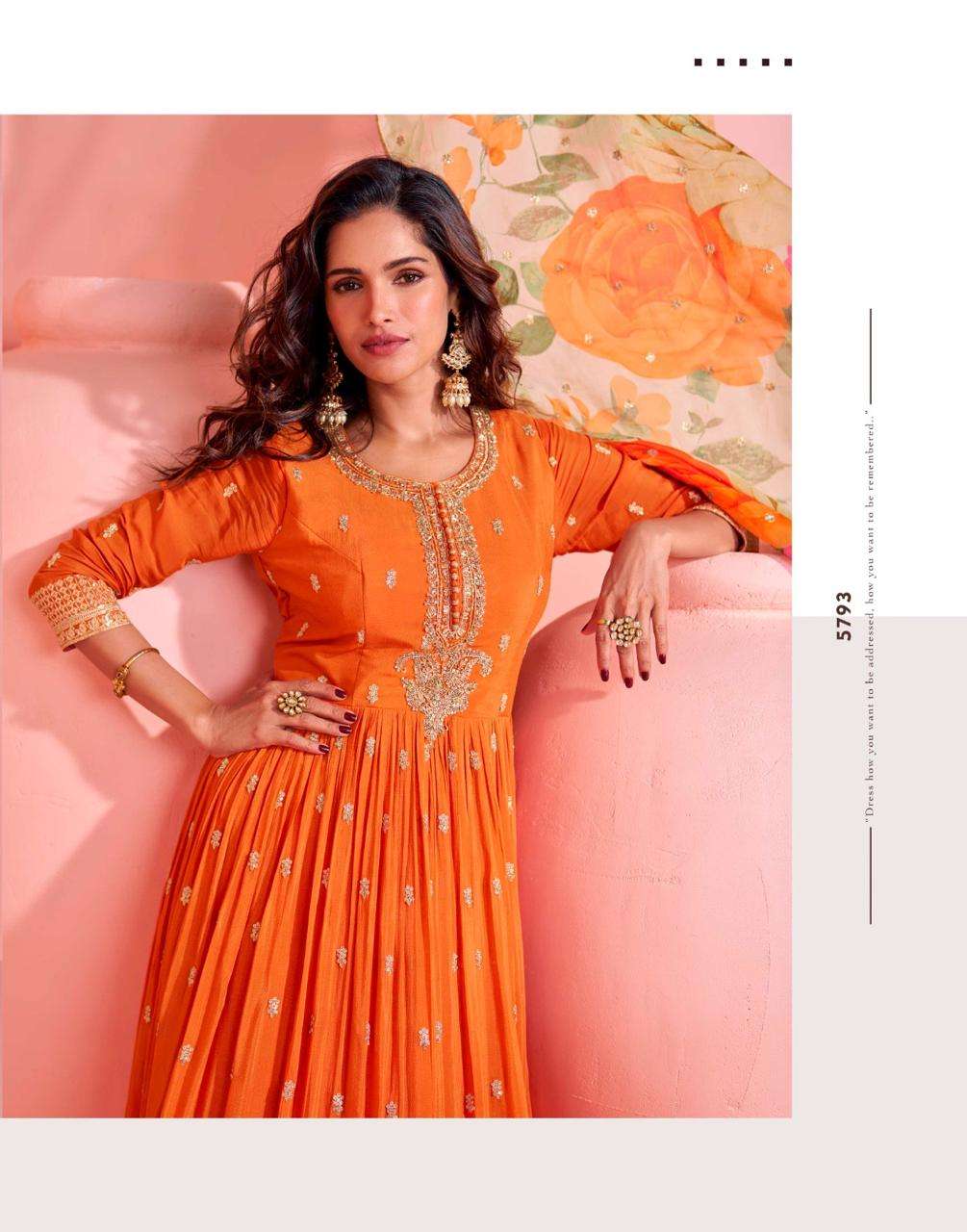 sayuri designer mayuri 5792-5794 series exclusive party wear chinon embroidered free size gown 3 pcs set to set catalogue surat