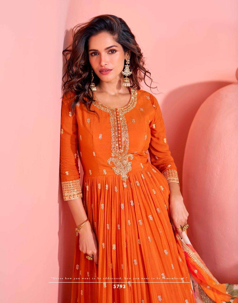 sayuri designer mayuri 5792-5794 series exclusive party wear chinon embroidered free size gown 3 pcs set to set catalogue surat