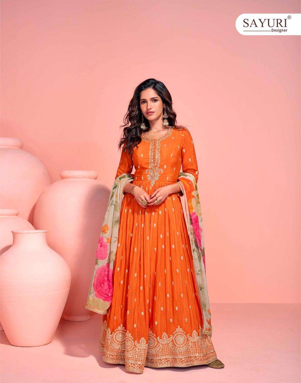sayuri designer mayuri 5792-5794 series exclusive party wear chinon embroidered free size gown 3 pcs set to set catalogue surat