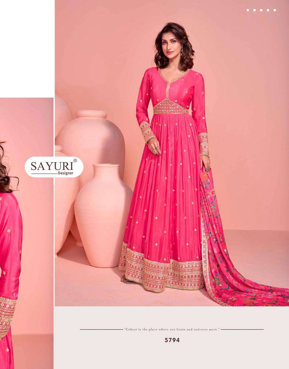 sayuri designer mayuri 5792-5794 series exclusive party wear chinon embroidered free size gown 3 pcs set to set catalogue surat