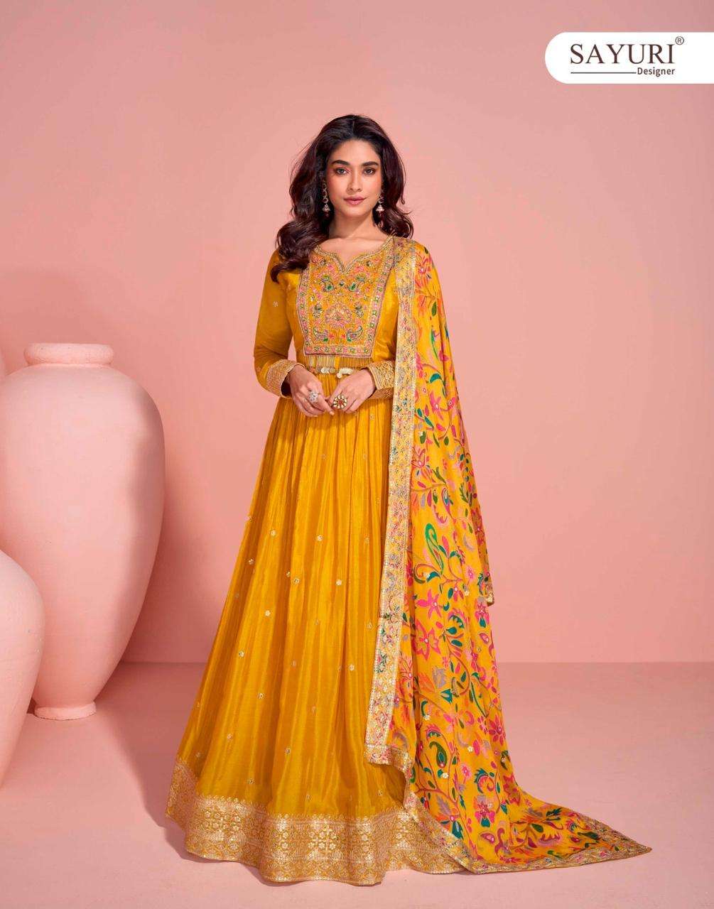 sayuri designer mayuri 5792-5794 series exclusive party wear chinon embroidered free size gown 3 pcs set to set catalogue surat