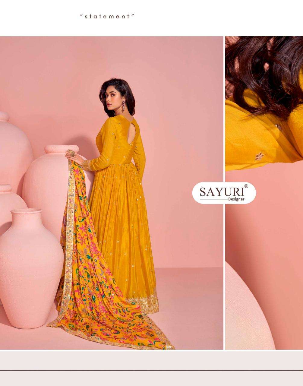 sayuri designer mayuri 5792-5794 series exclusive party wear chinon embroidered free size gown 3 pcs set to set catalogue surat