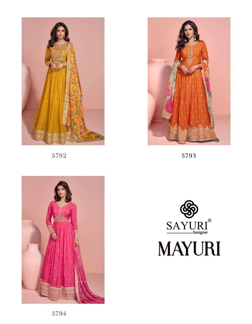 sayuri designer mayuri 5792-5794 series exclusive party wear chinon embroidered free size gown 3 pcs set to set catalogue surat