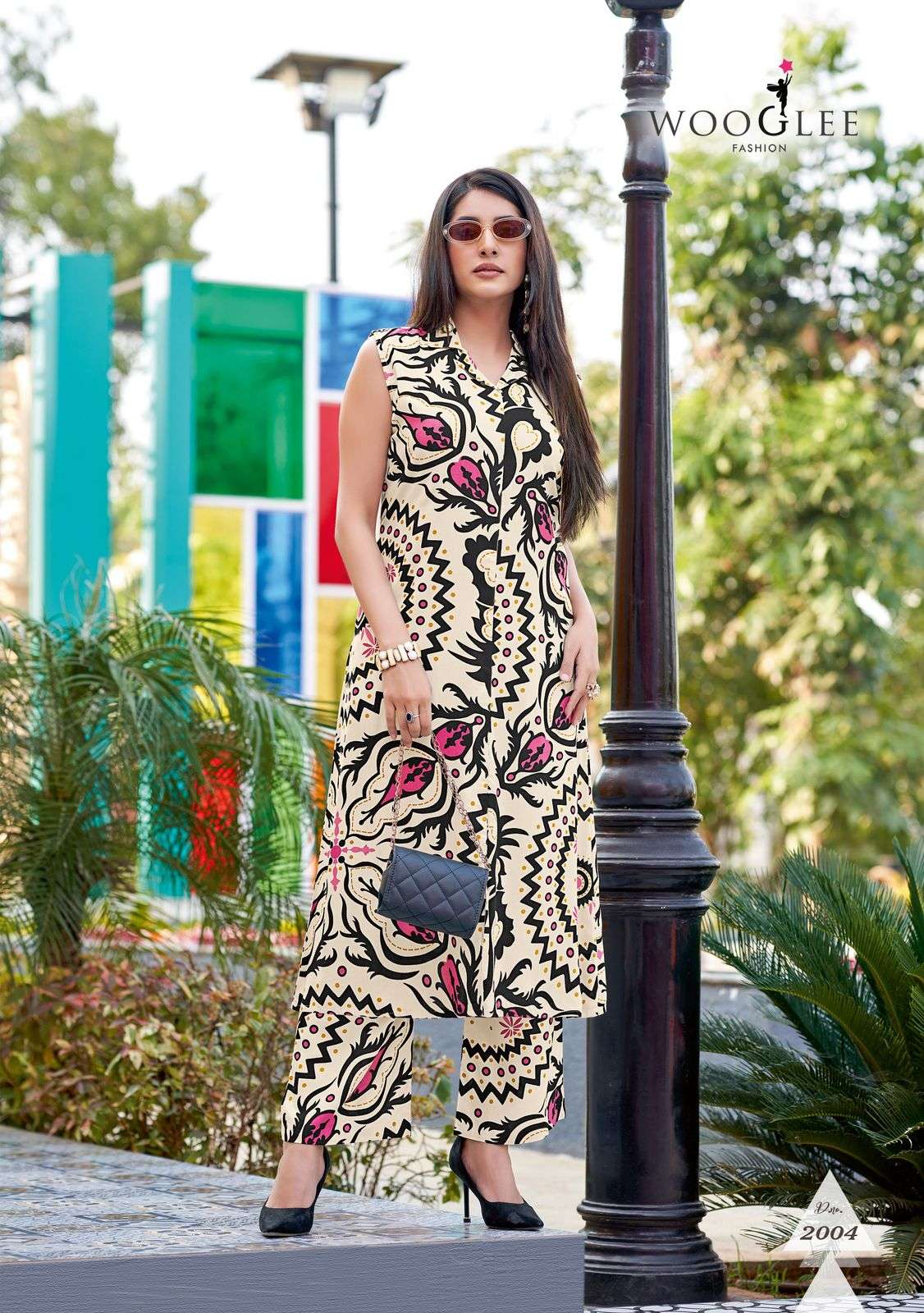wooglee samiksha 2001-2006  designer rayon printed kurti pant set catalogue wholesalers surat 