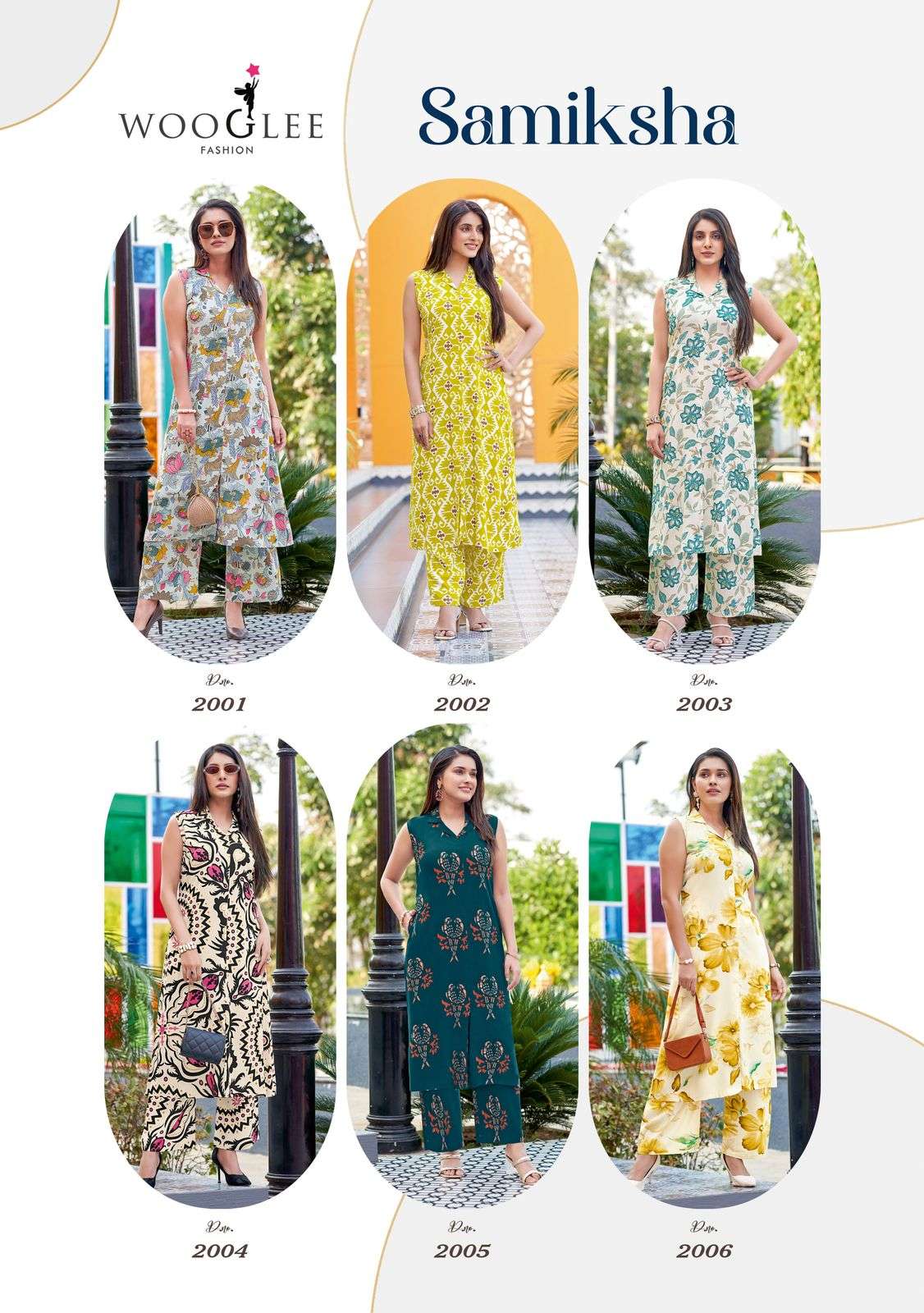 wooglee samiksha 2001-2006  designer rayon printed kurti pant set catalogue wholesalers surat 