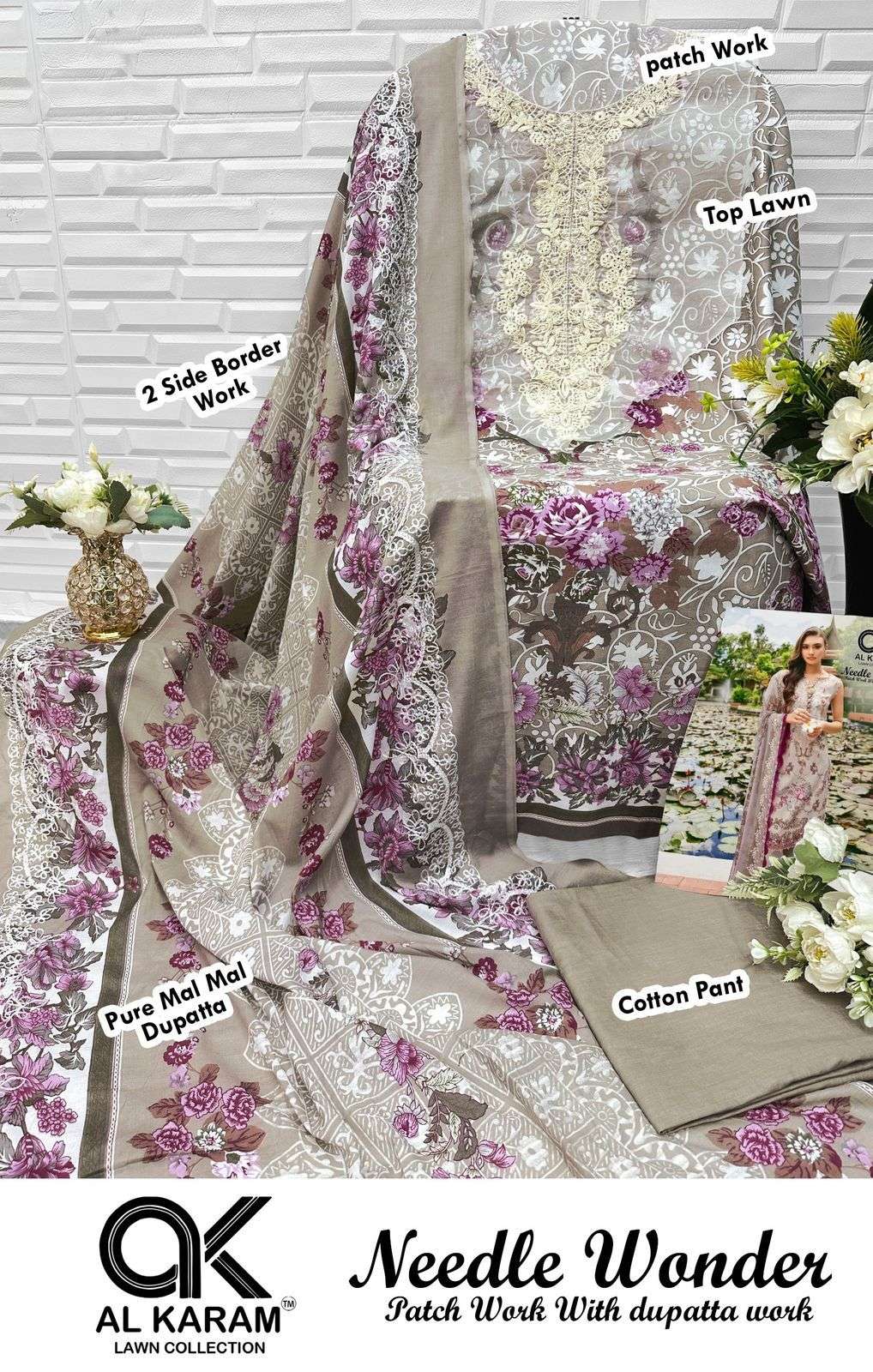 al karam needle wonder lawn cotton patch work designer salwar kameez embroidered best catalogue eid special price 