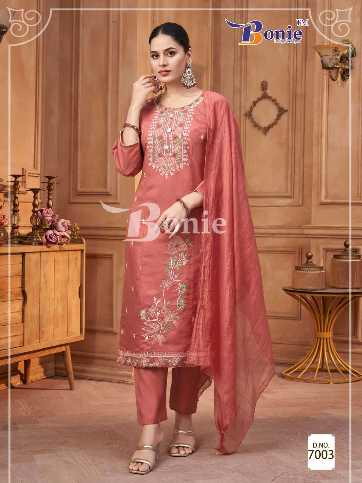 chavi vol 7 by bonie colors series roman embroidery designer kurti with pant set best online price 