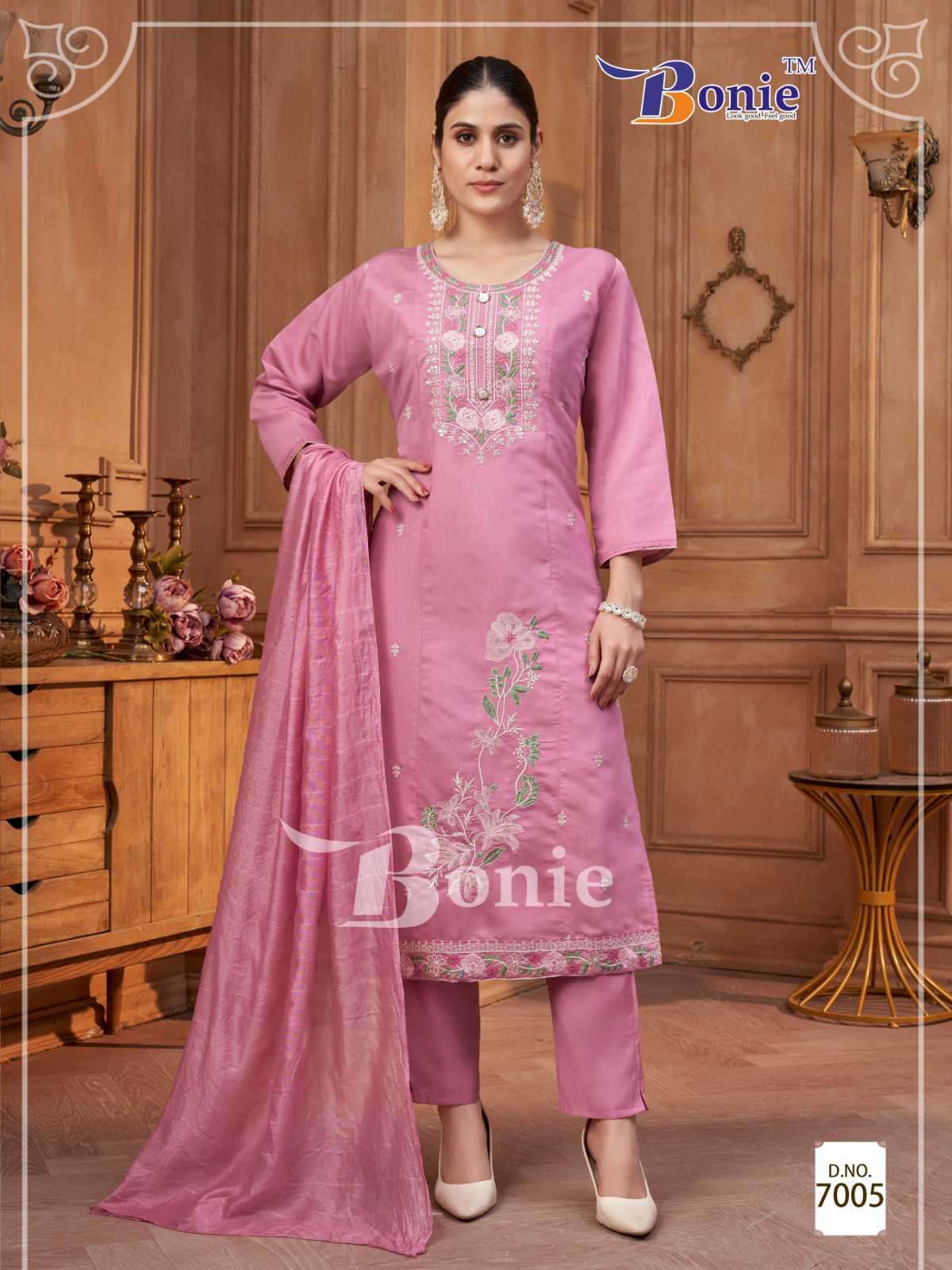 chavi vol 7 by bonie colors series roman embroidery designer kurti with pant set best online price 