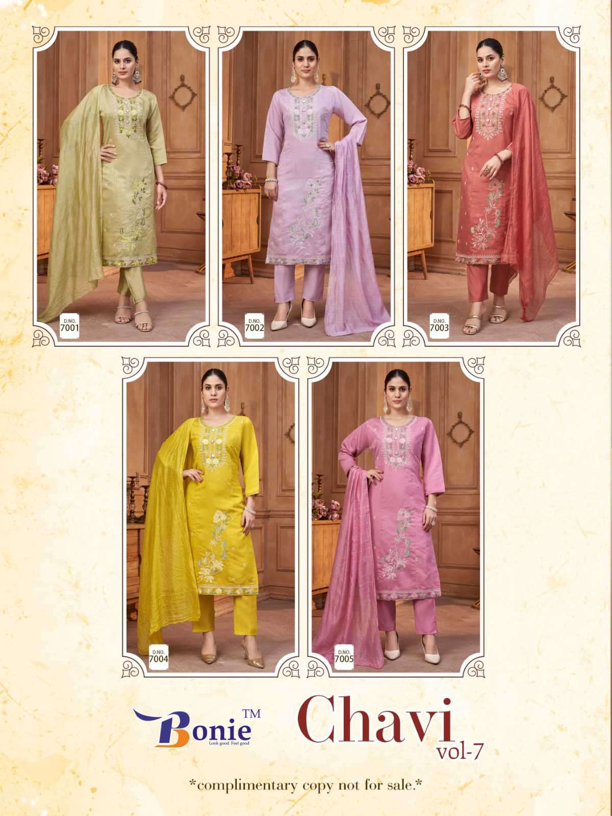 chavi vol 7 by bonie colors series roman embroidery designer kurti with pant set best online price 