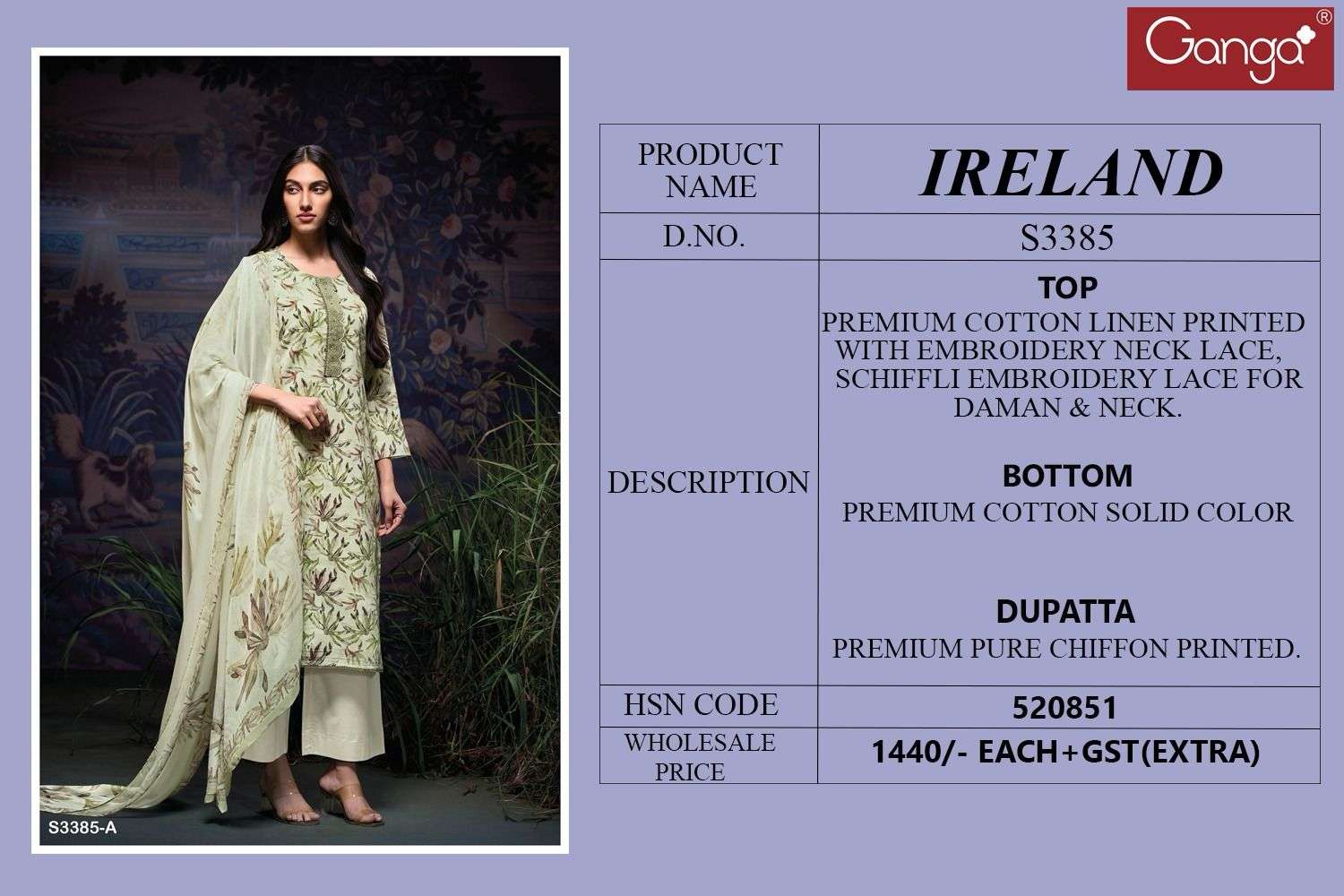  ireland 3385 by ganga colors series cotton linen with embroidery designer salwar kameez best online price surat
