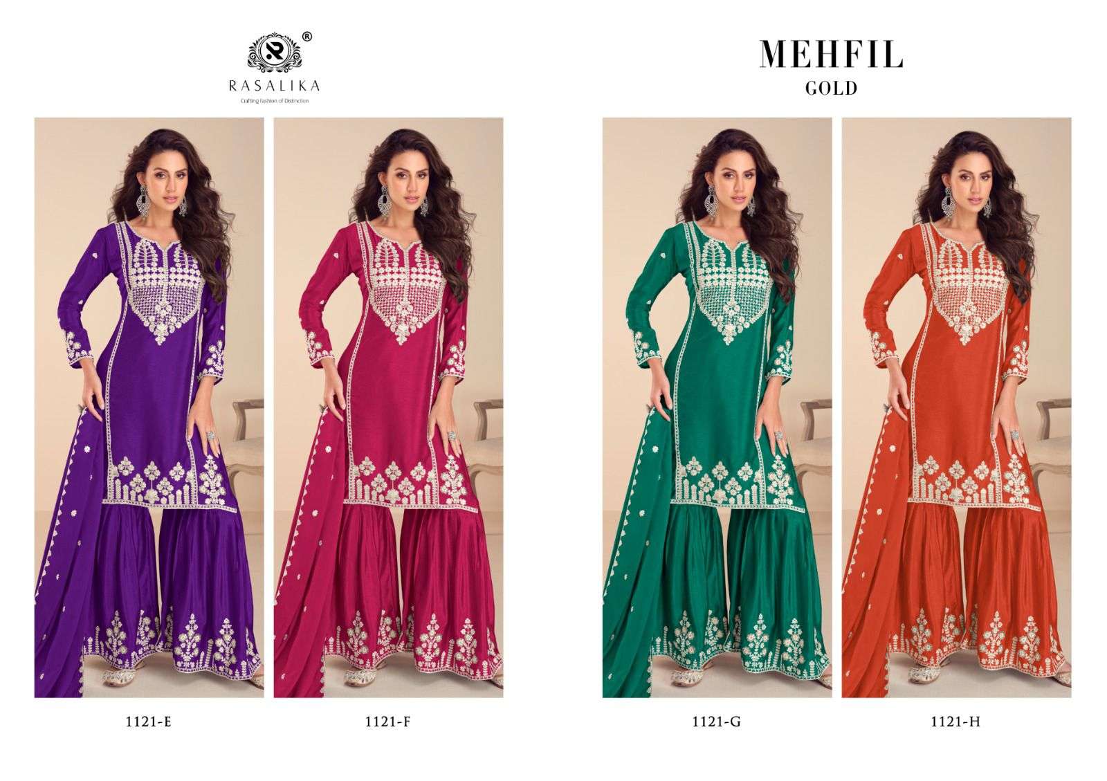 mehfil gold by rasalika colors series chinnon silk with heavy embroidery work fancy salwar kameez best online price surat