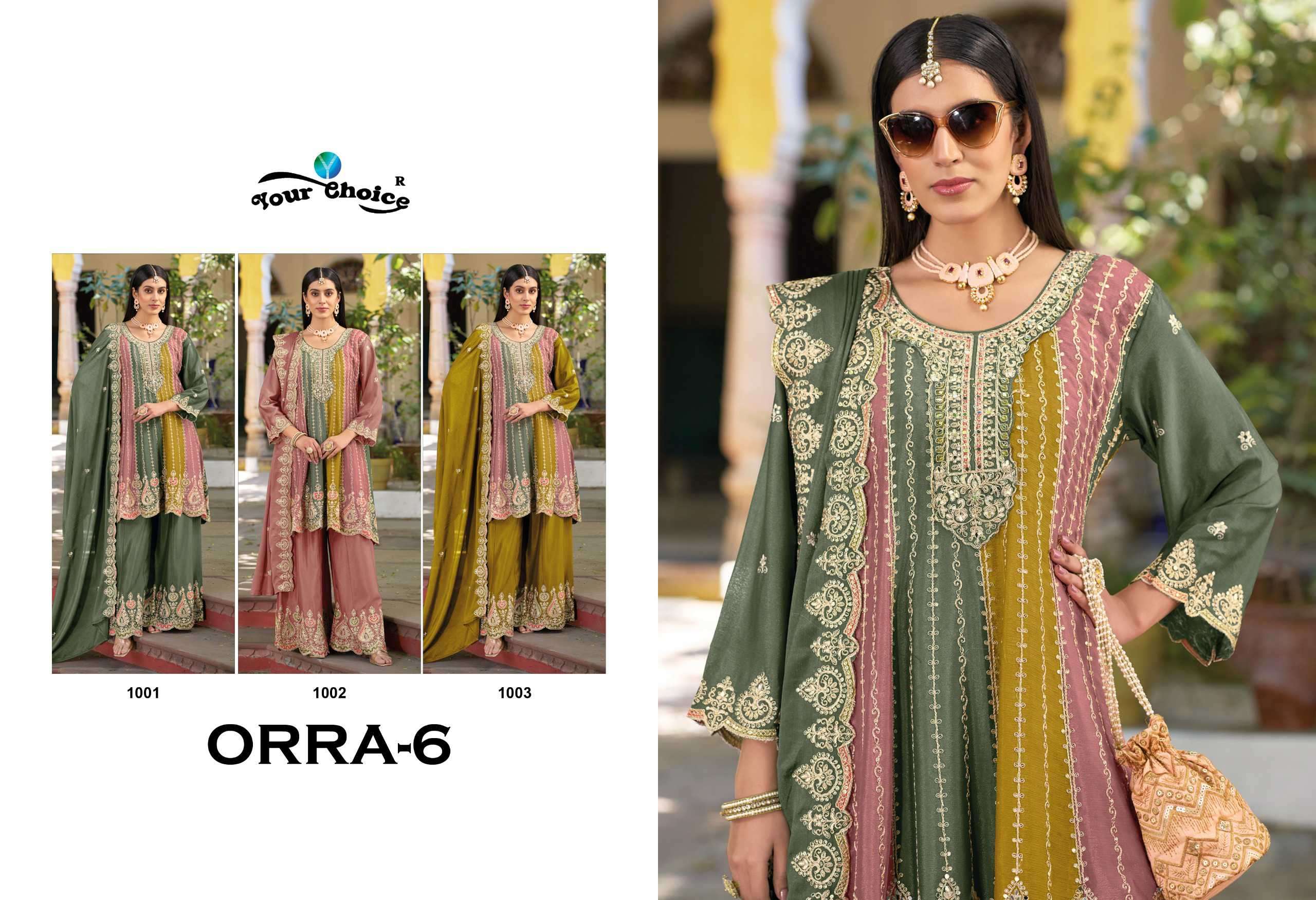 orra vol 6 by your choice 1001-1003 series heavy chinon embroidery free size stitched pakistani wear collection online surat