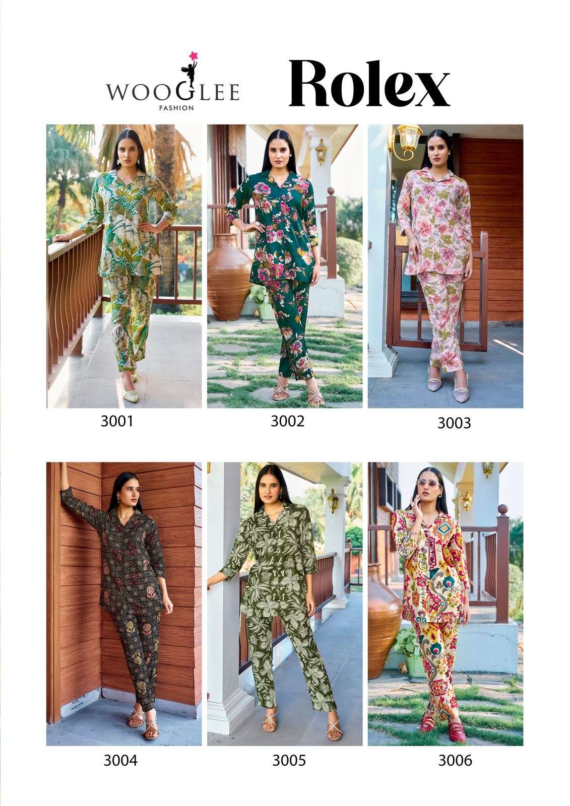 rolex by wooglee 3001-3006 series rayon with exclusive printed designer cord set collection best online price surat