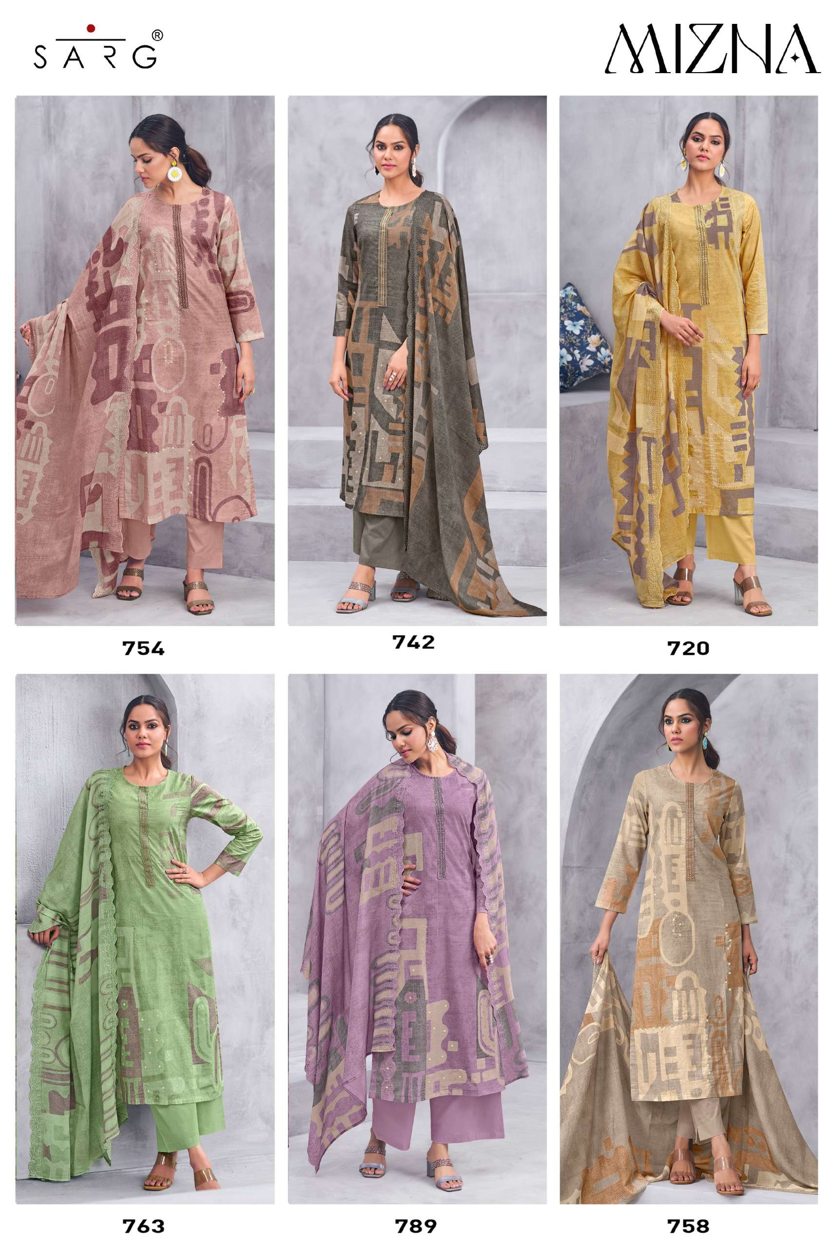 sarg mizna pure cotton lawn digital hand work salwar kameez online shopping wholesalers surat