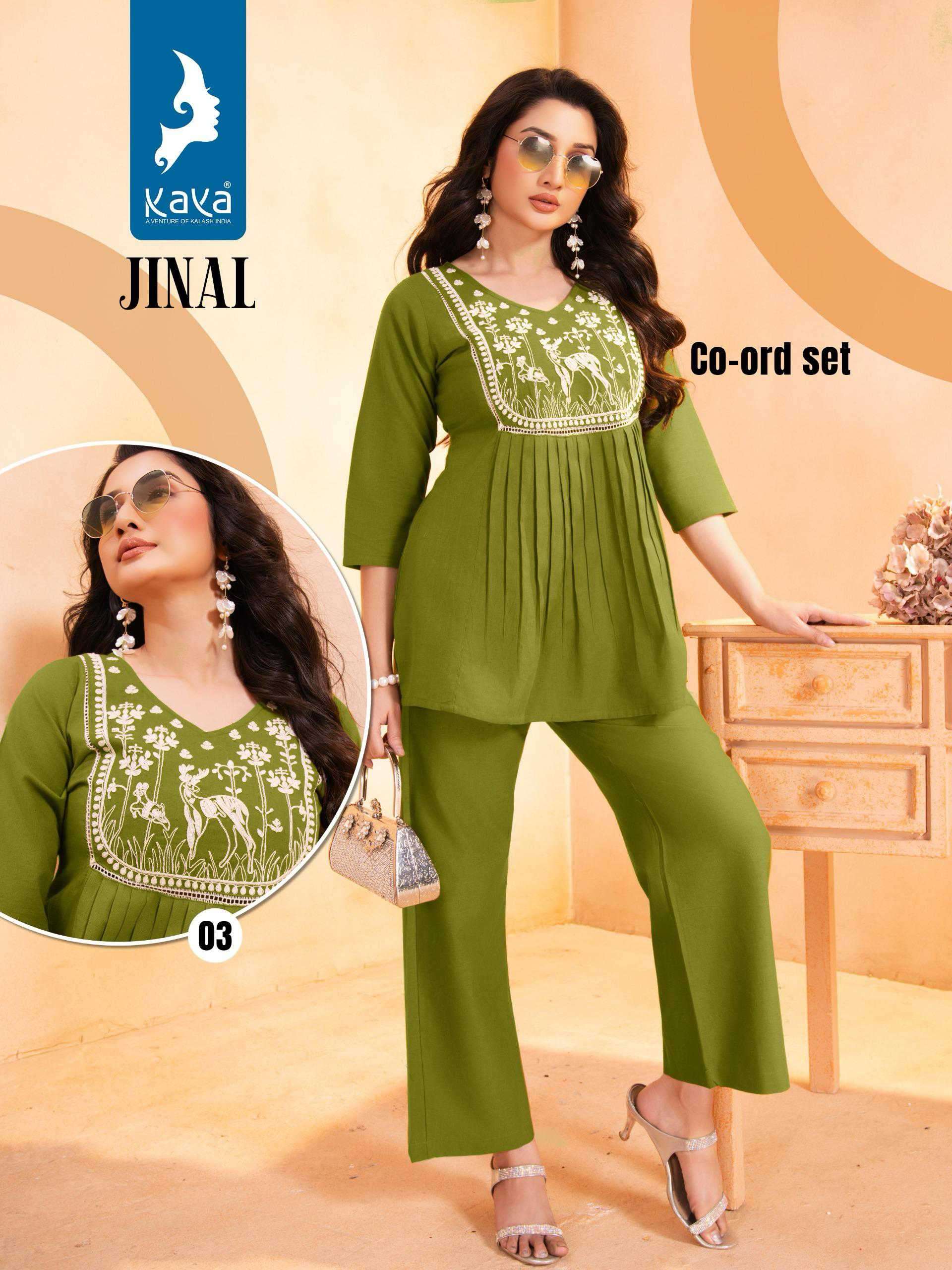 jinal by kaya kurti 01-04 series Bes cord sets for spring and summer casual wear readymade collection online surat