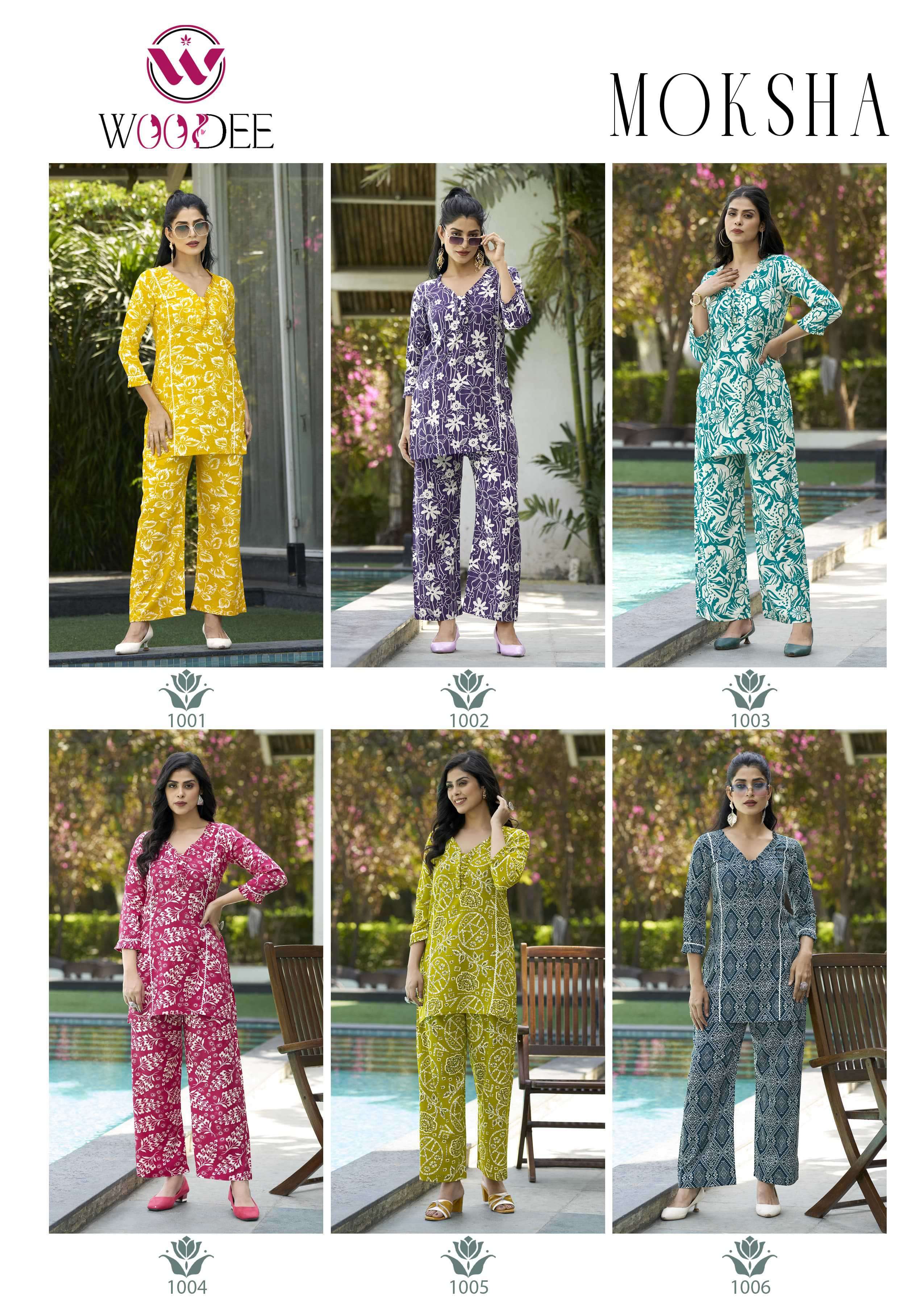 moksha by woodee 1001-1006 series latest designer summer wear readymade cord set collection buy online surat