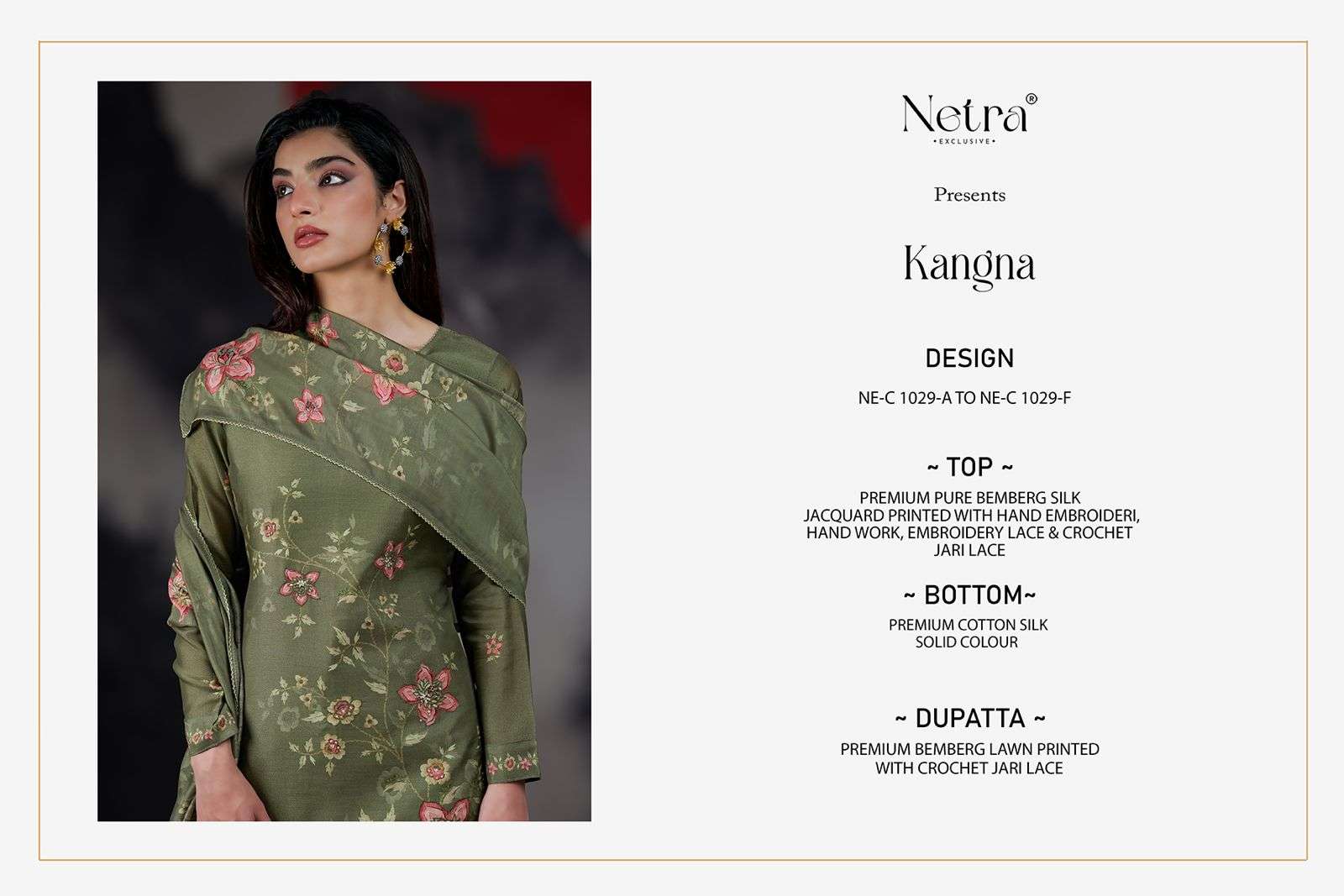 netra kangna 1029 colour series premium silk jacquard hand work embroidered unstich salwar kameez buy online shopping surat