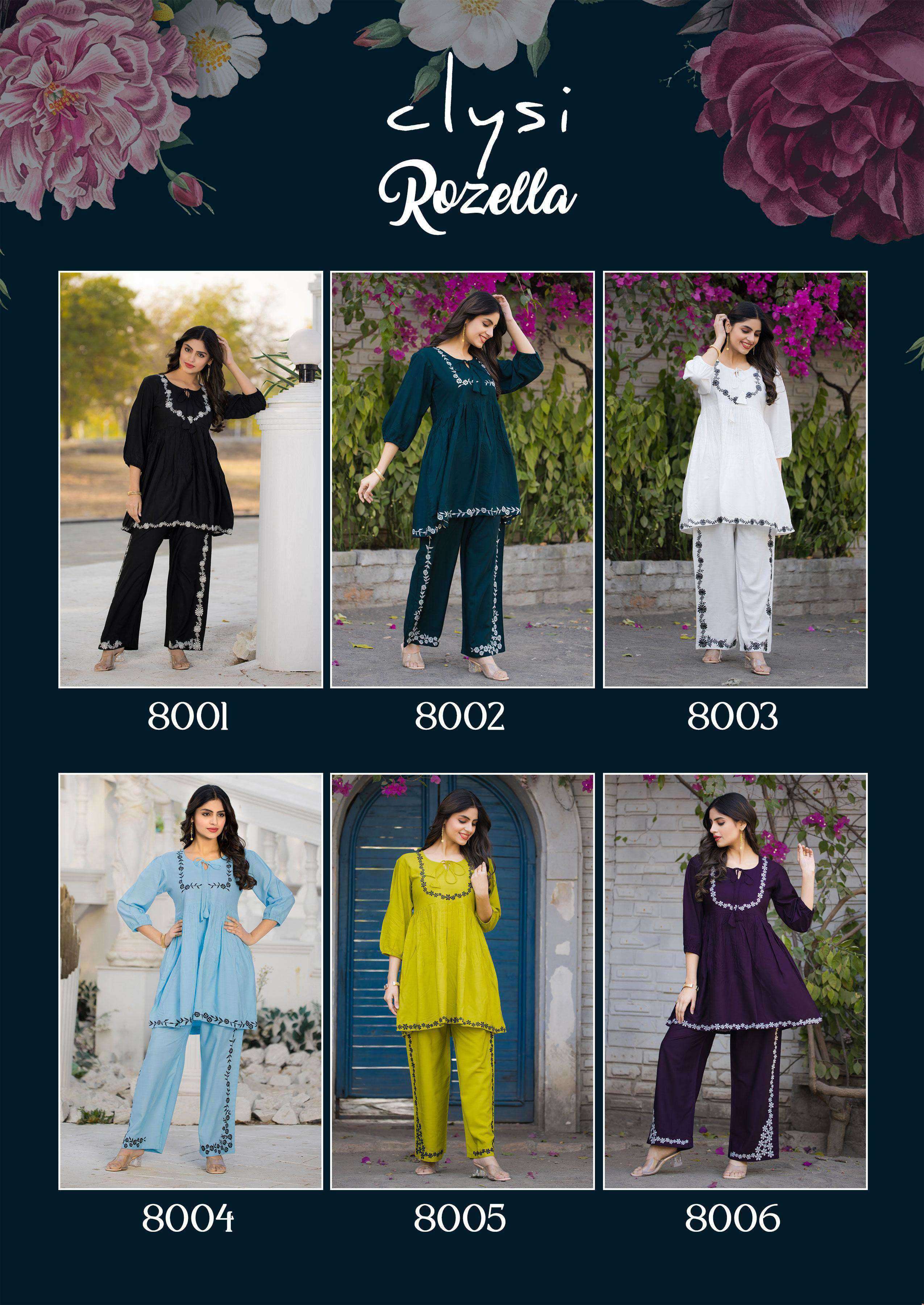 rozella by clysi 8001-8006 series affordable stylish casual wear readymade cord set collection online surat