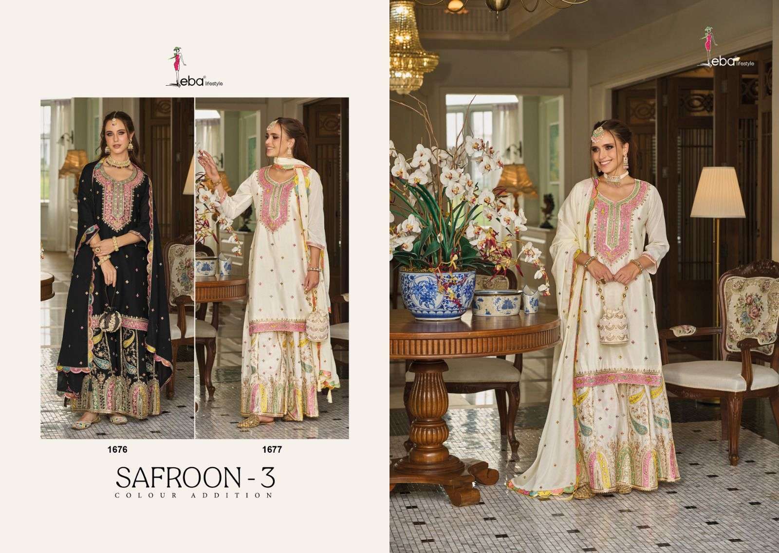 safroon vol 3 by eba lifestyle  1676-1677 series chinon exclusive ready made palzo suits catalogue online dealer surat 