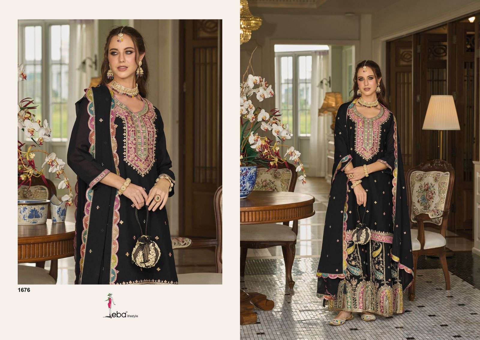 safroon vol 3 by eba lifestyle  1676-1677 series chinon exclusive ready made palzo suits catalogue online dealer surat 