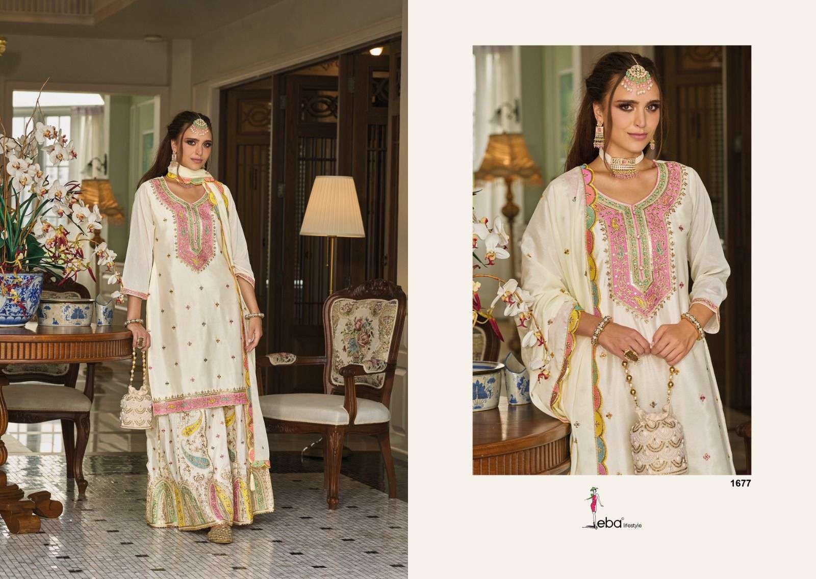 safroon vol 3 by eba lifestyle  1676-1677 series chinon exclusive ready made palzo suits catalogue online dealer surat 