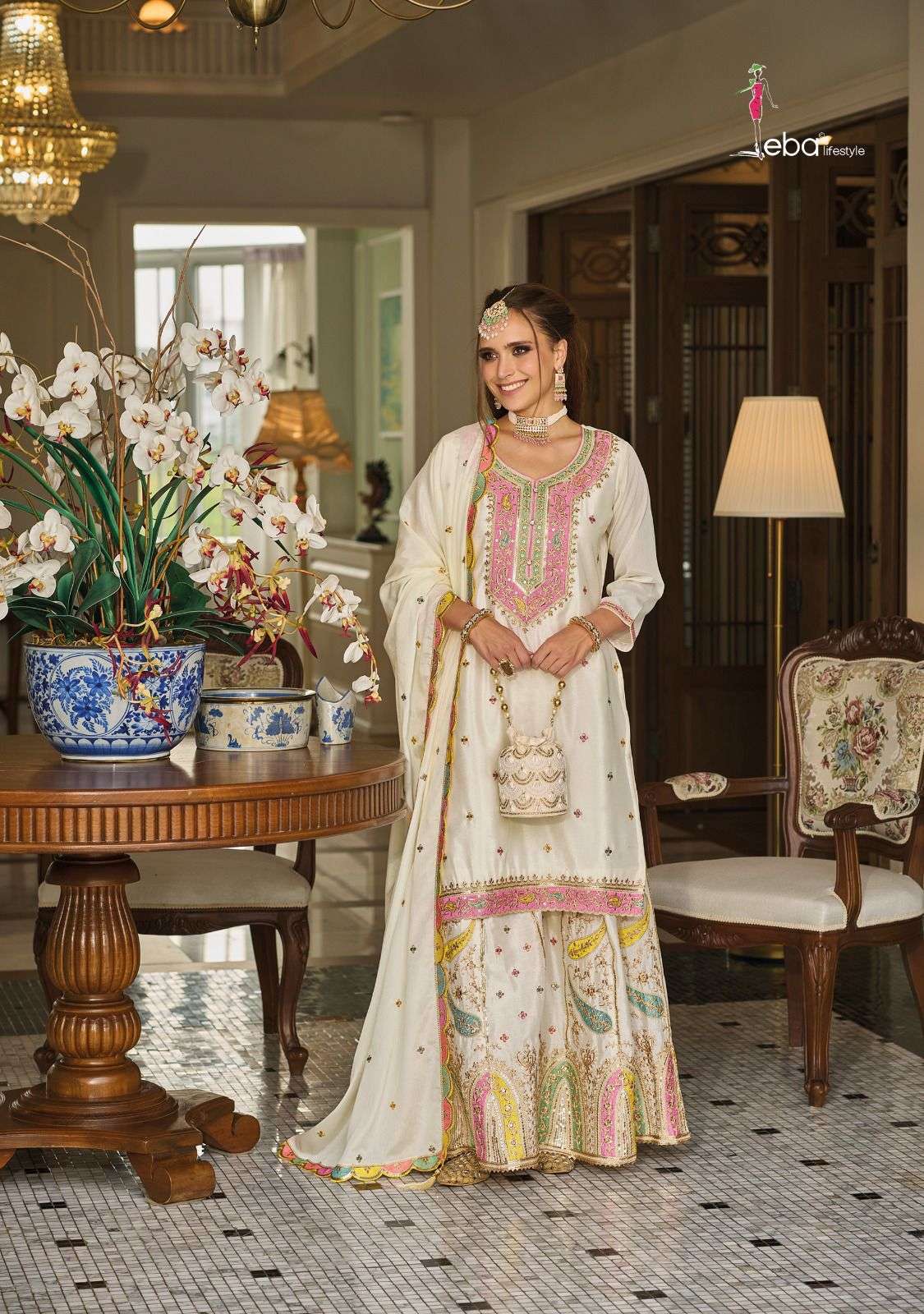 safroon vol 3 by eba lifestyle  1676-1677 series chinon exclusive ready made palzo suits catalogue online dealer surat 