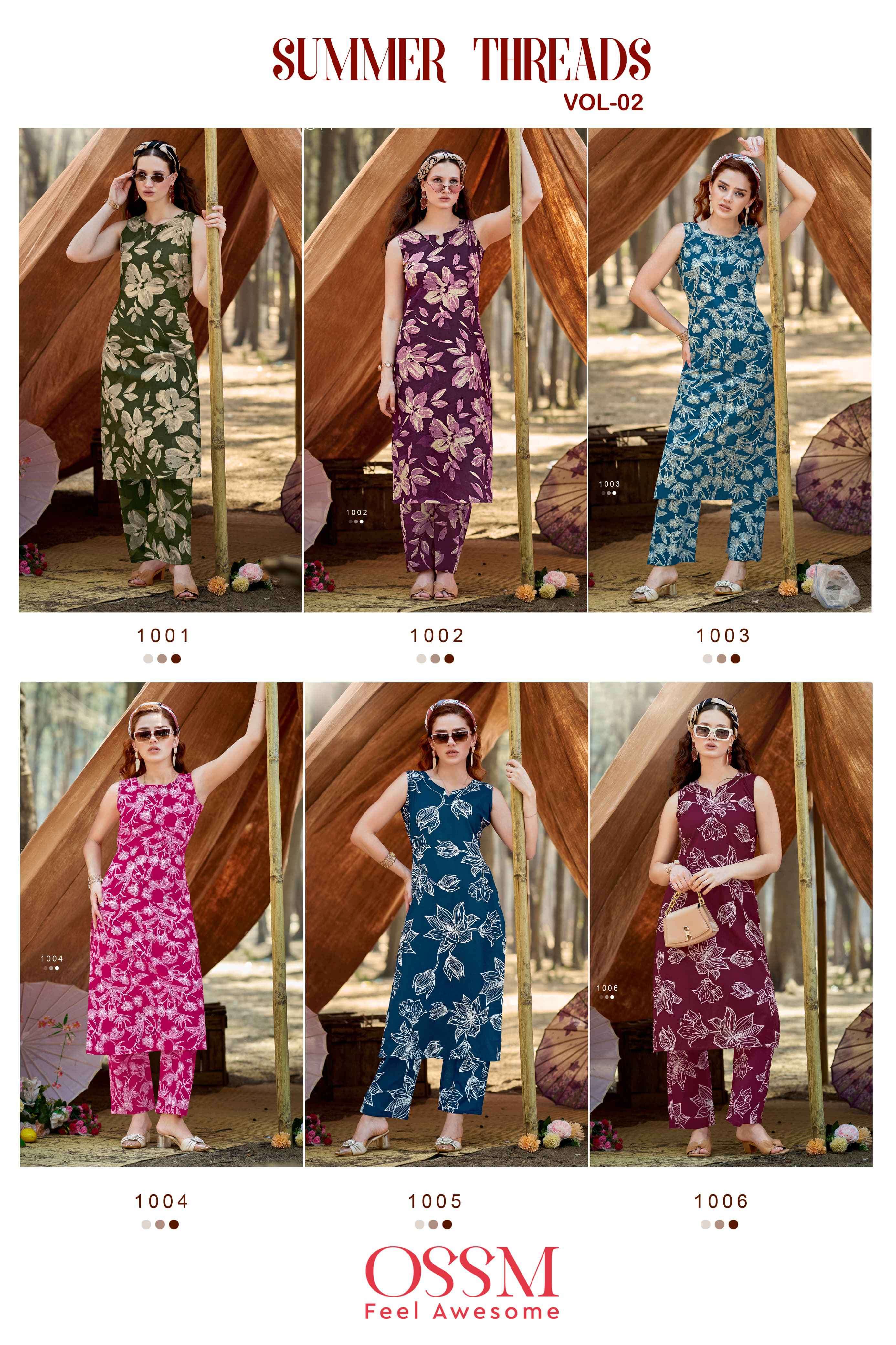 summer threads vol 2 by ossm 1001-1006 series fancy stylish full stitched casual wear cord set collection best online price surat