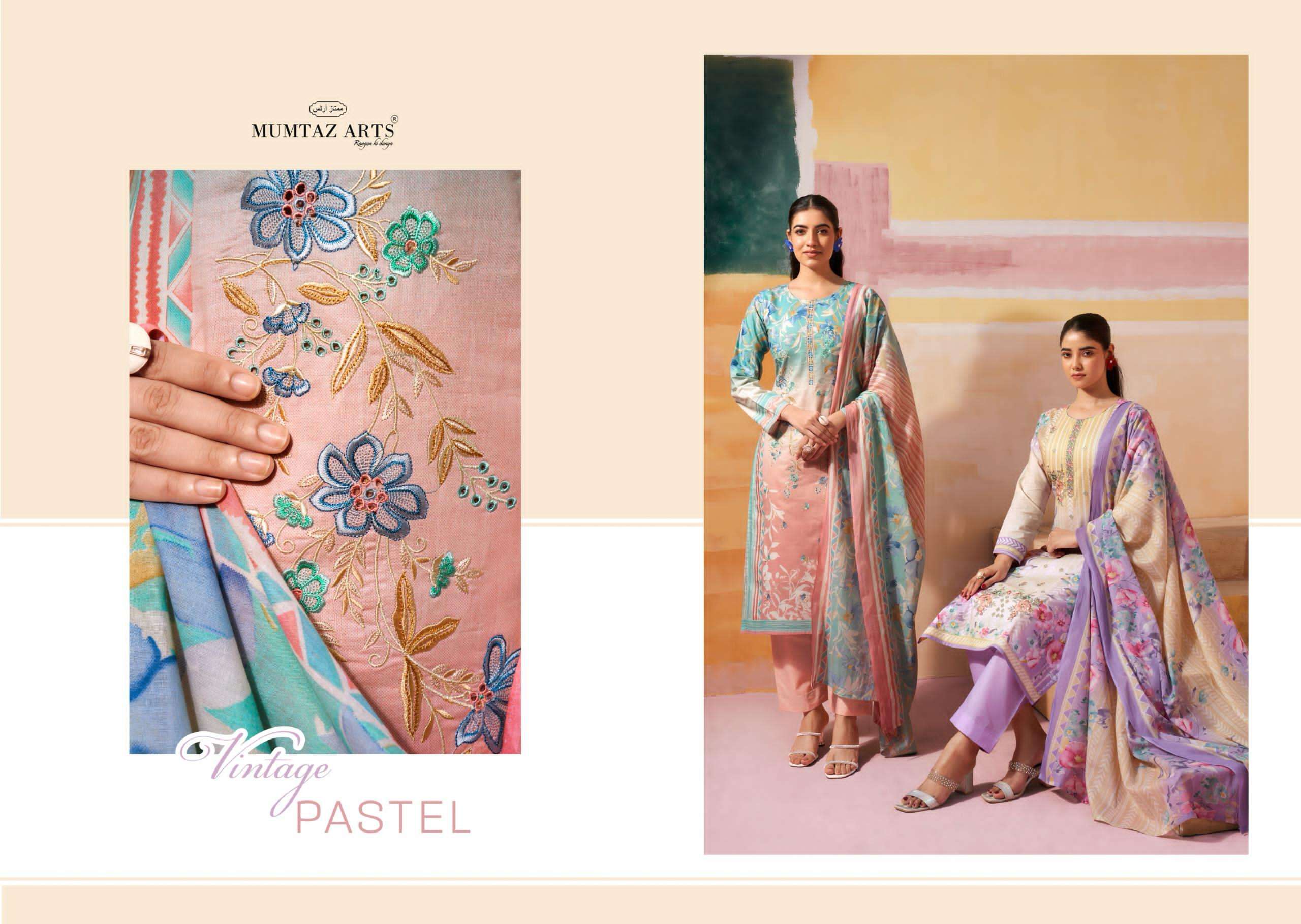 vintage pastel by mumtaz arts 5601-5606 series embroidered summer casual wear salwar kameez best online price surat