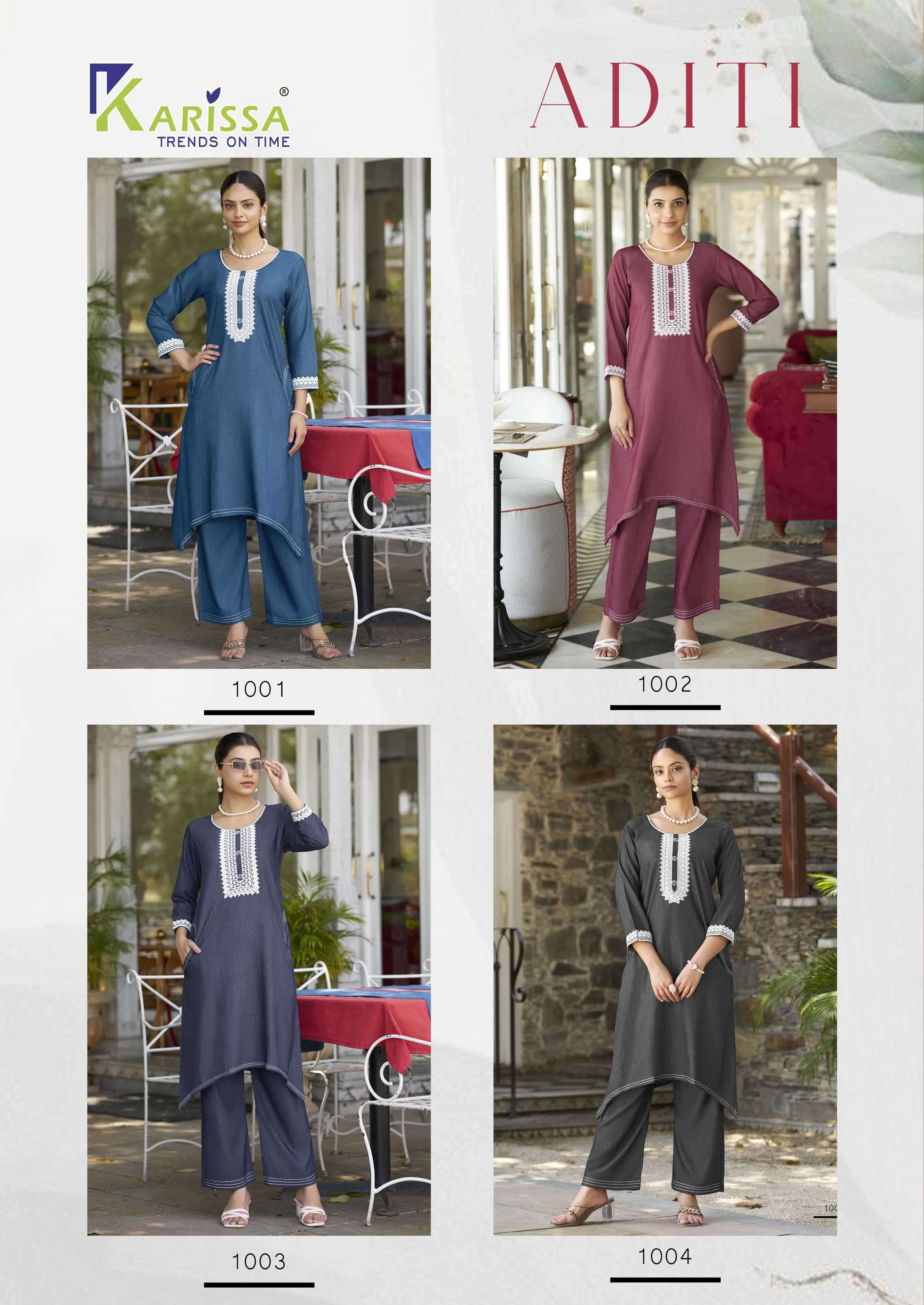 aditi by karissa 1001-1004 series latest designer party wear readymade cord set buy online surat