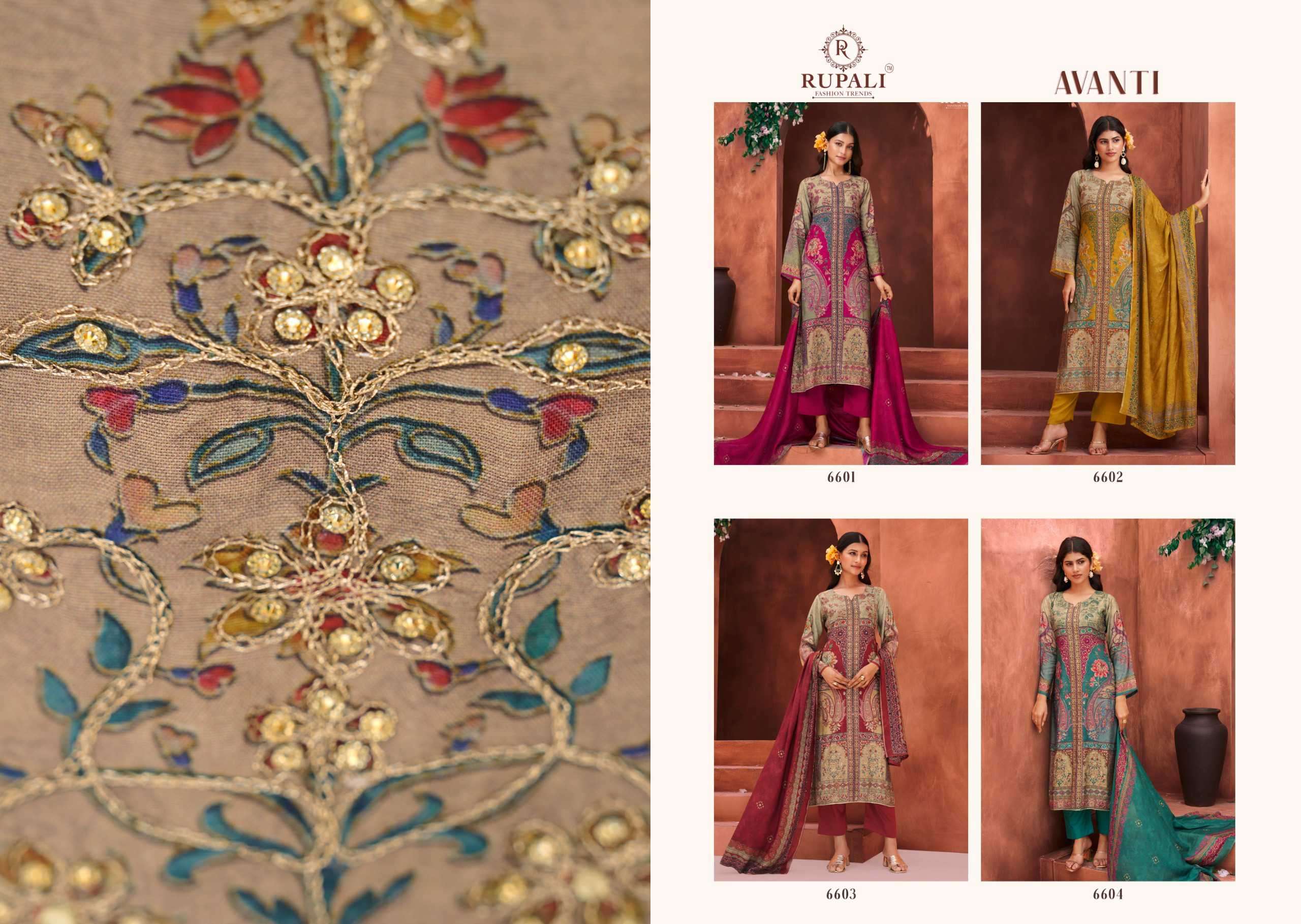 avanti by rupali fashion colors viscose muslin handwork salwar suits supplier surat