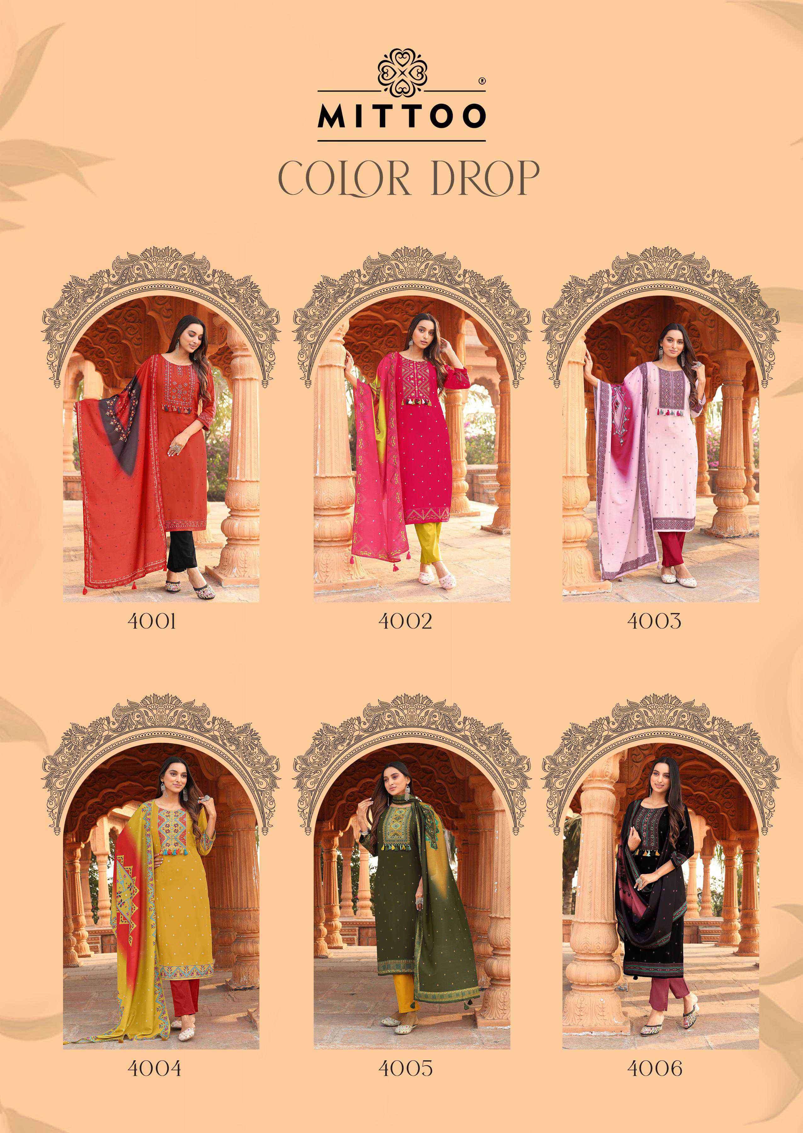 colordrop by mittoo 4001-4006 series handwork with printed readymade kurti wholesaler surat
