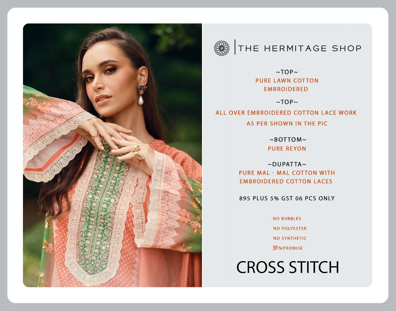 cross stitch by hermitage 001-006 series exclusive designer cotton casual wear salwar kameez online surat